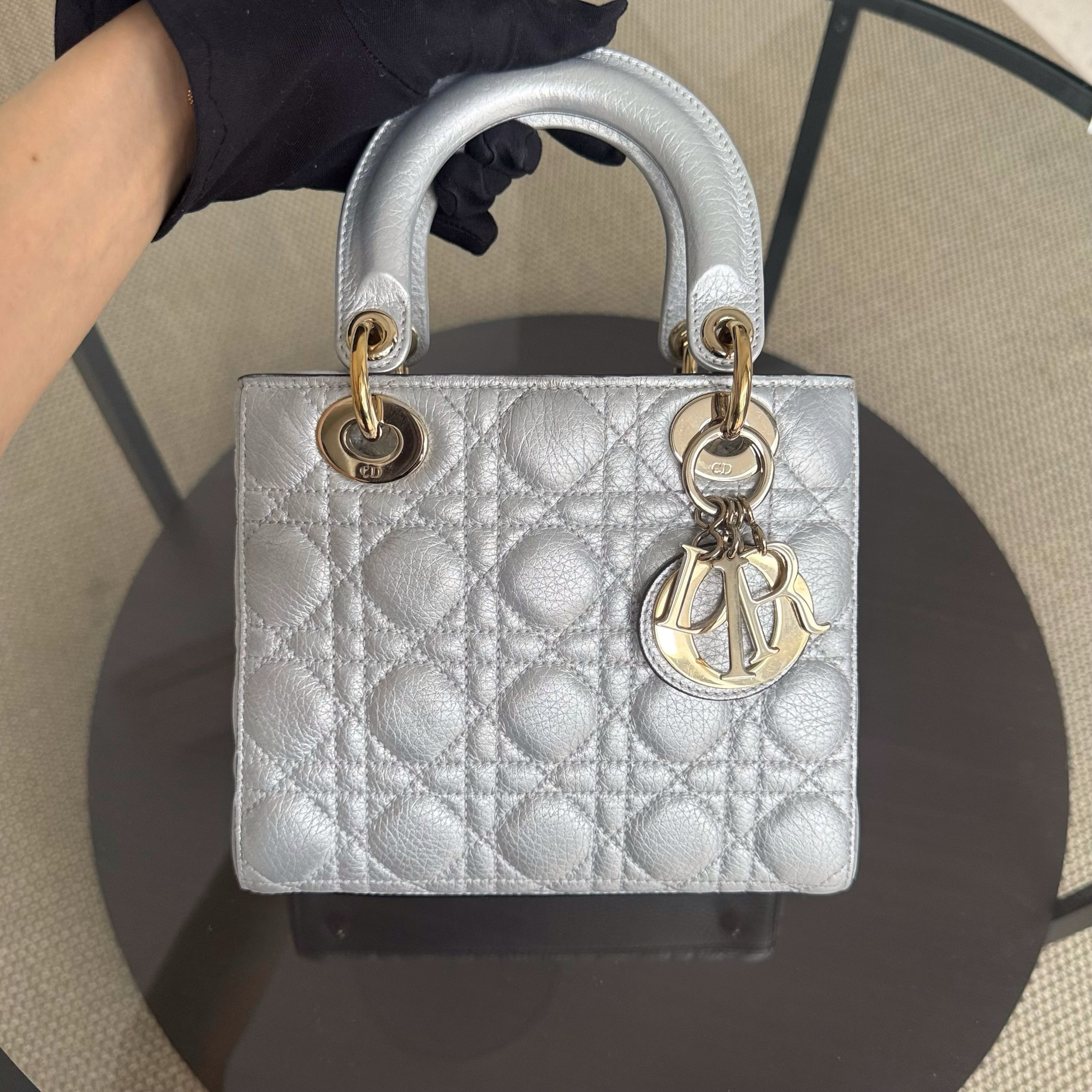 Dior Lady Small - Cannage Gray Calfskin Gold Hardware