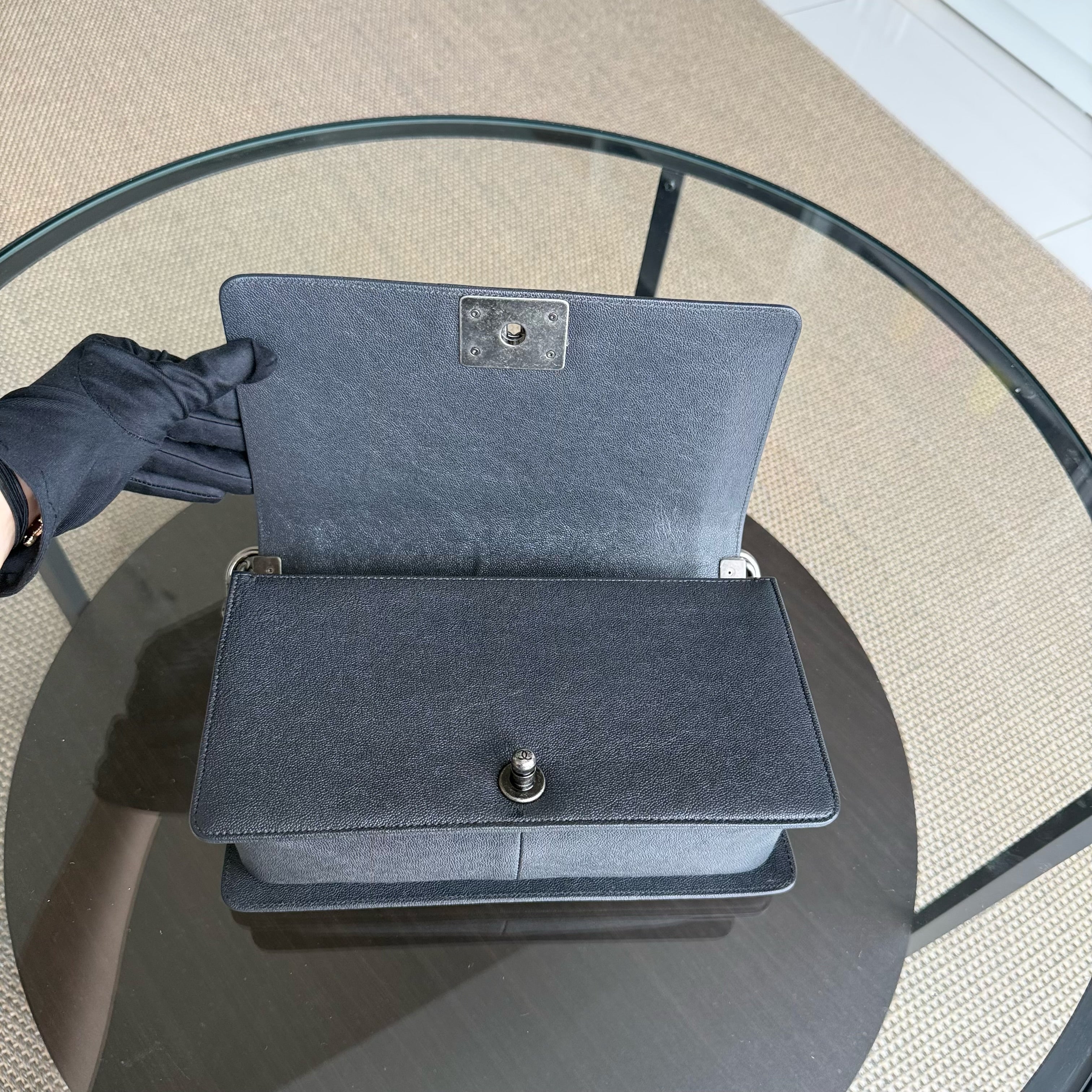 Chanel Boy Medium - Caviar 25CM Quilted Dark Grey Gray Ruthenium Silver Hardware Series 26