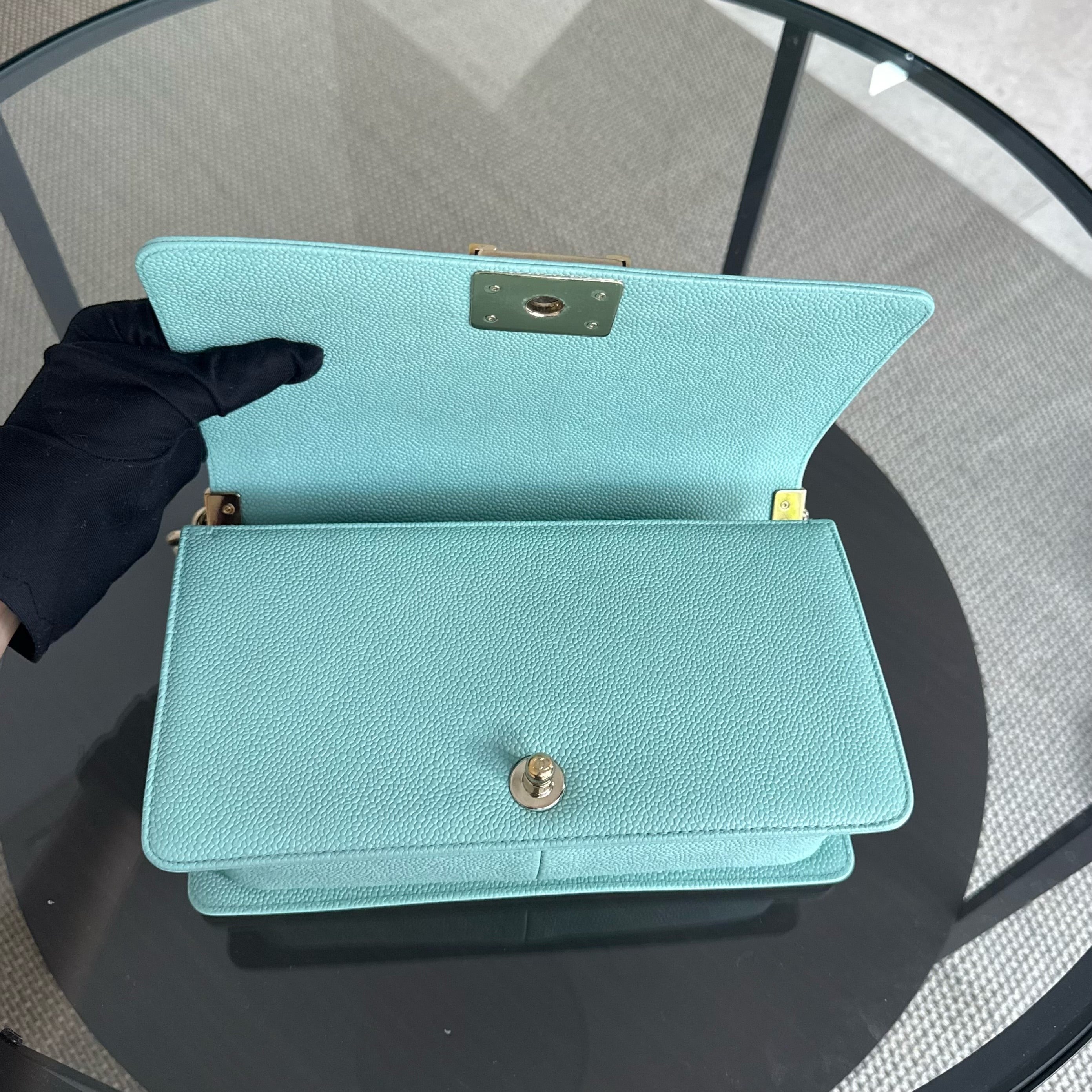 Chanel Boy Medium - 25CM Quilted Tiffany Blue Gold Hardware Series 29