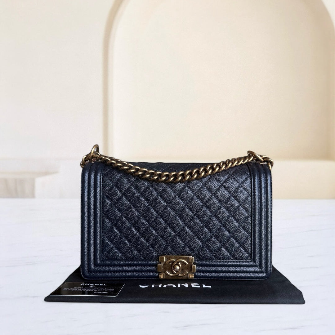 Chanel Boy New Medium - 28CM Caviar Quilted Grained Calfskin Dark Navy Blue Ruthenium Gold Hardware Series 19