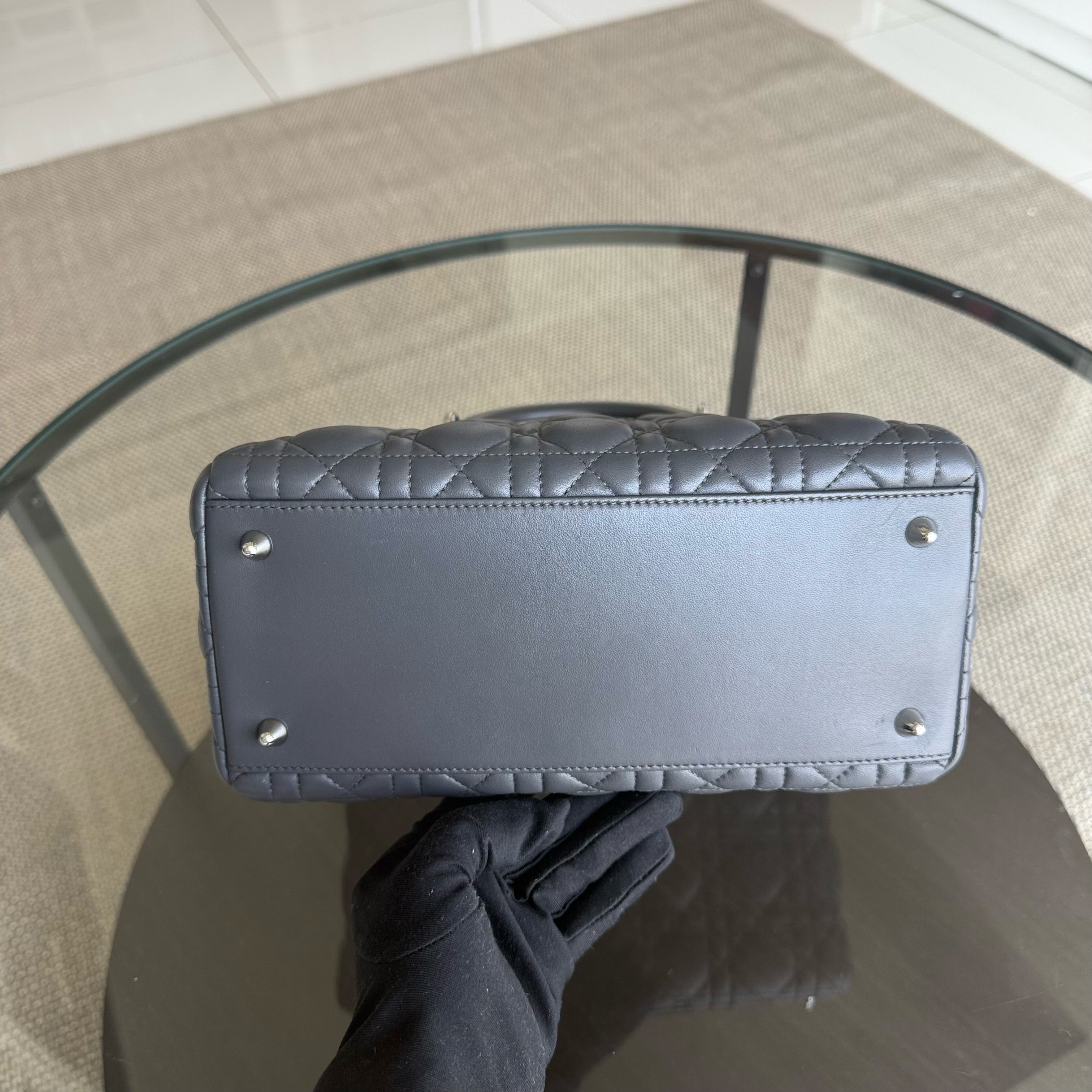 Dior Lady Medium - Cannage Lambskin Dark Gray Silver Hardware