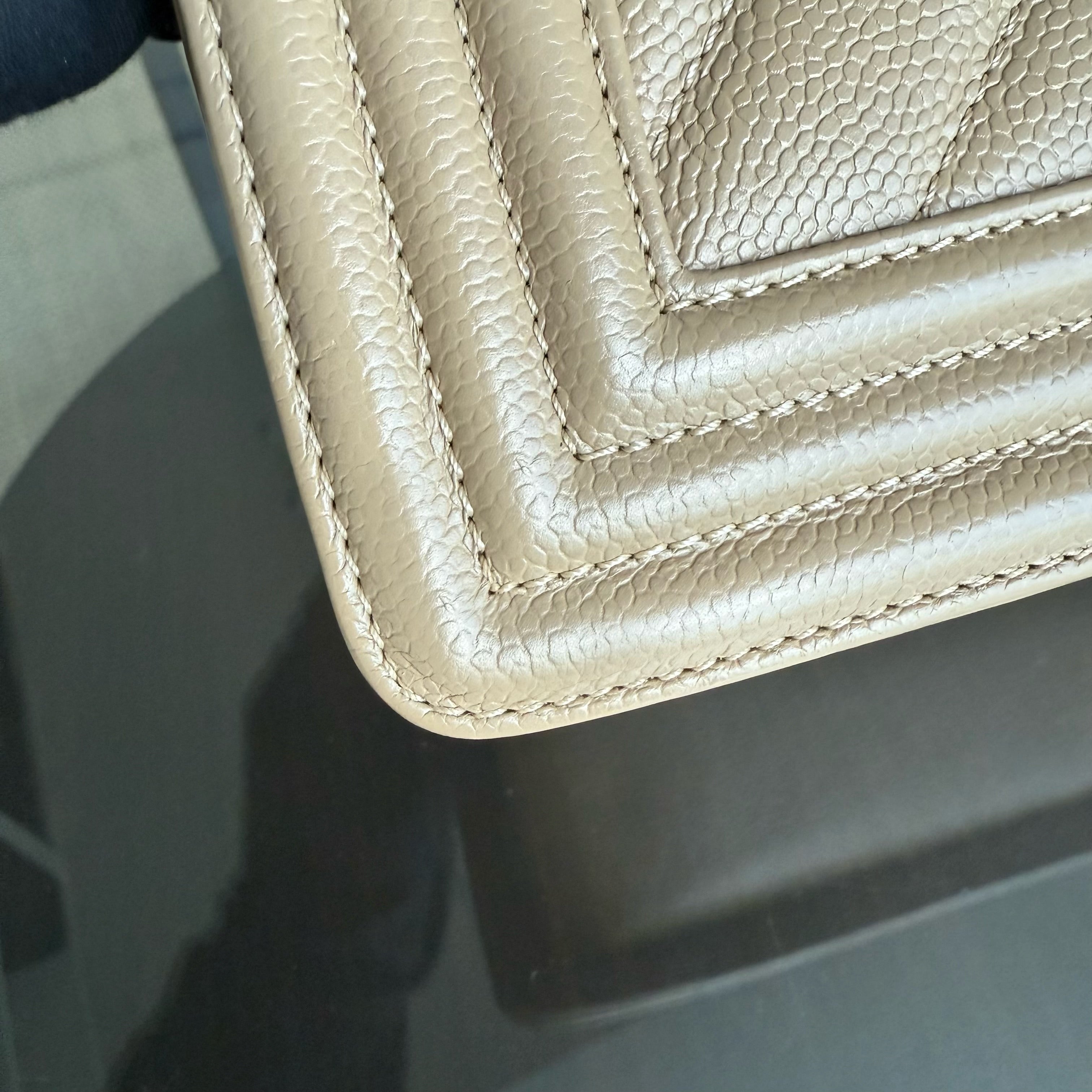 Chanel Boy Medium - Caviar 25CM Chevron Grained Calfskin Beige Gold Hardware Series 25