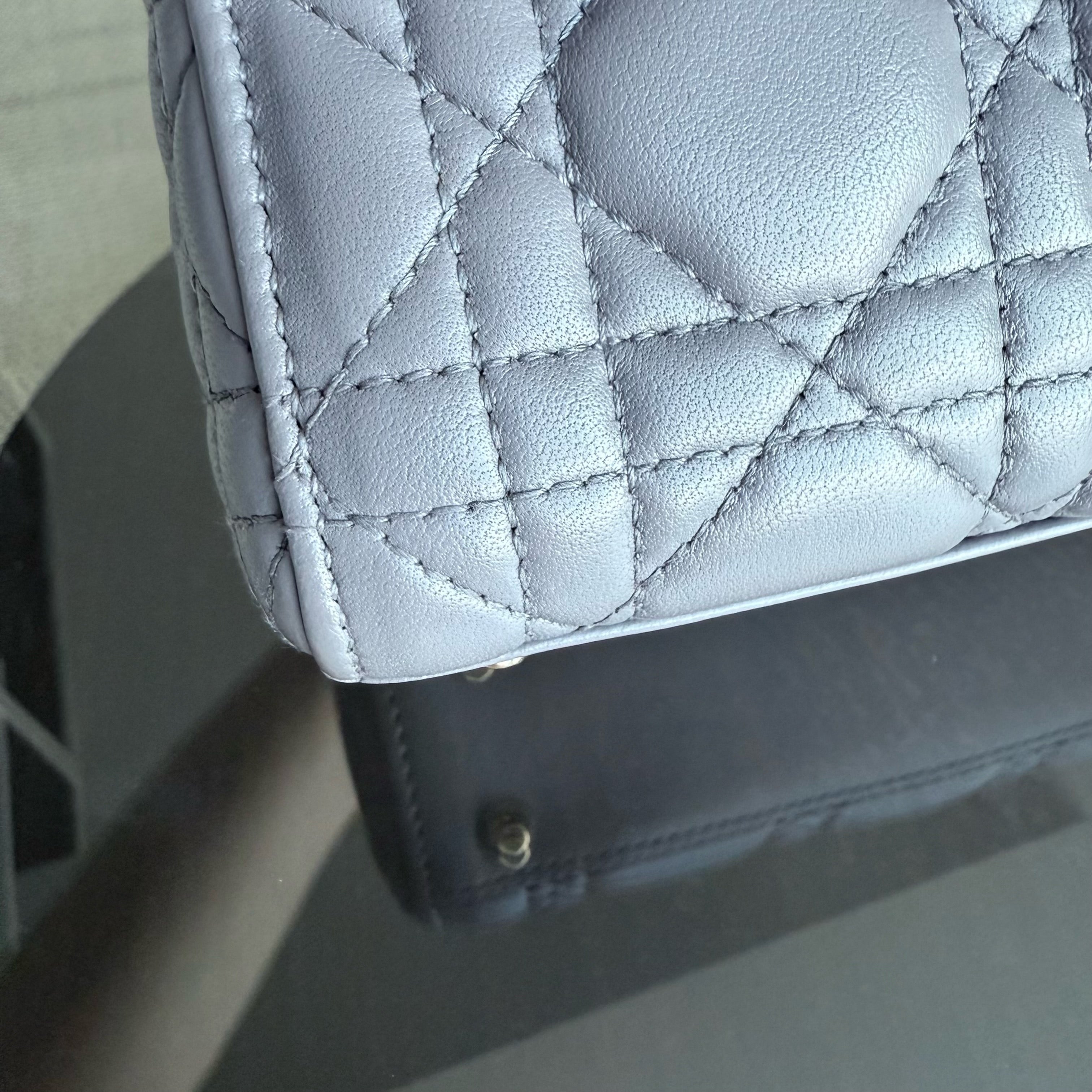 Dior Lady Mini - Cannage Lambskin Grey Gray Gold Hardware Adjustable Strap