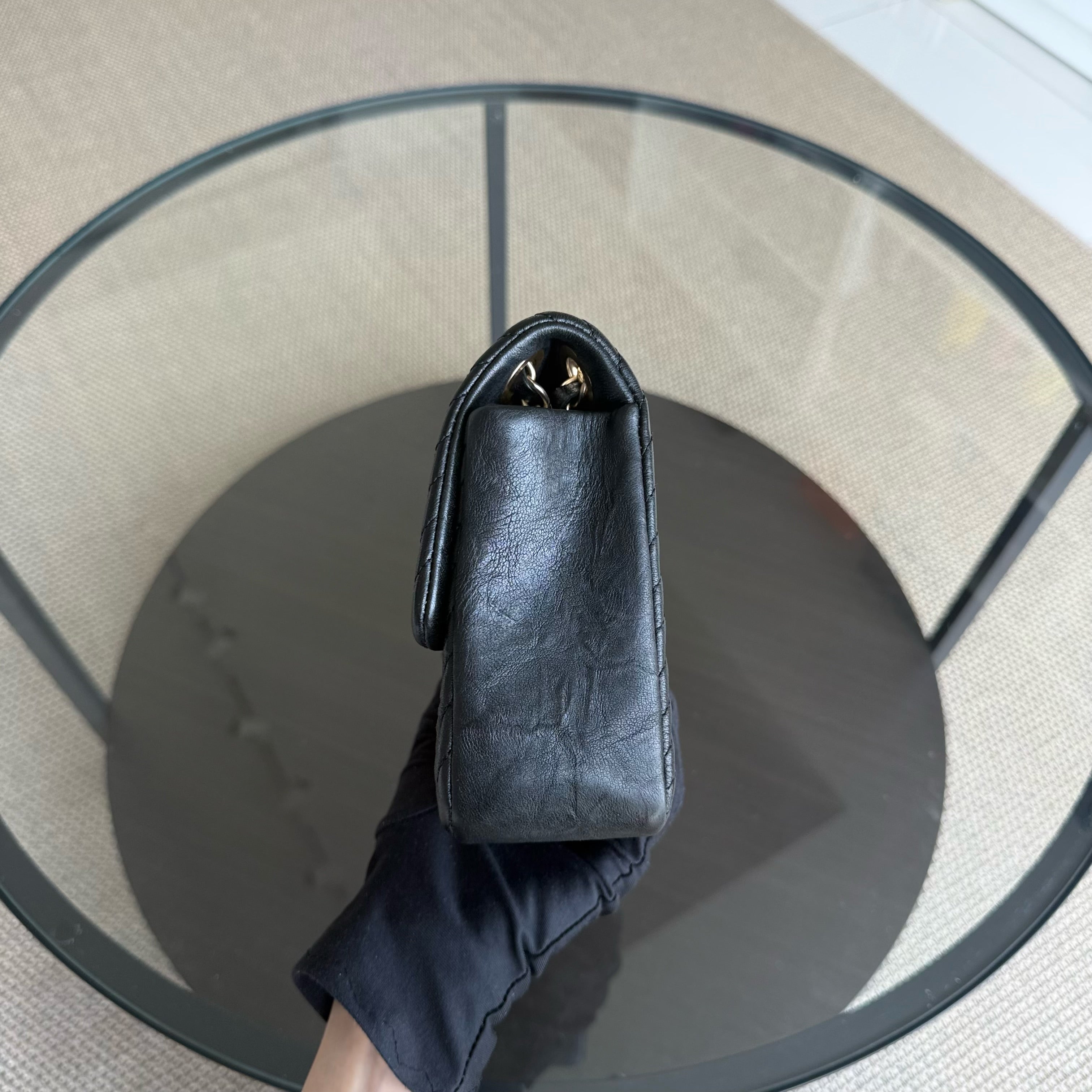 Chanel Seasonal Flap - Chevron Surpique CC Herringbone Medallion Calfskin Flap Black Gold Hardware Series 22