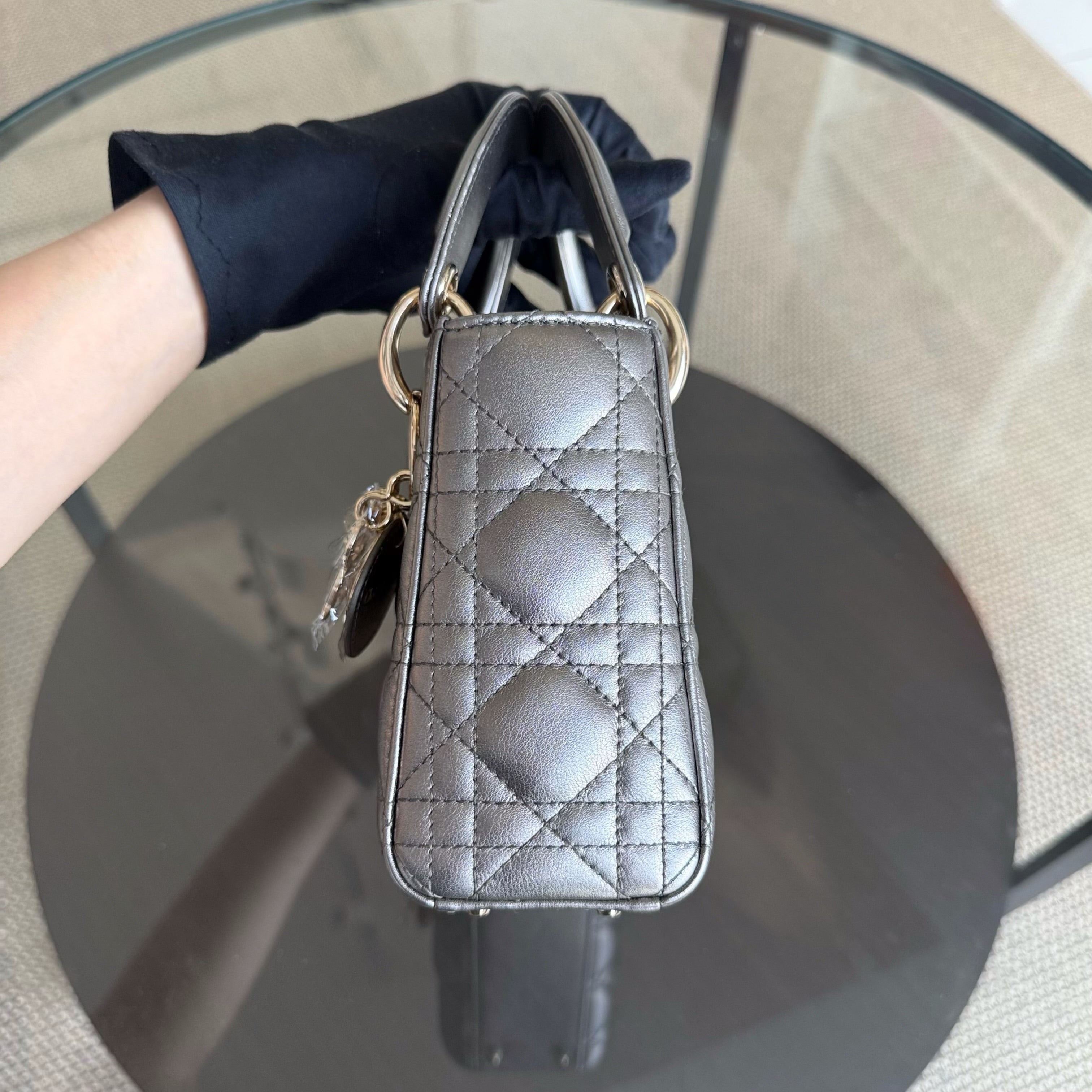 Dior Lady Mini - Cannage Calfskin Gunmetal Gold Hardware Chain Strap