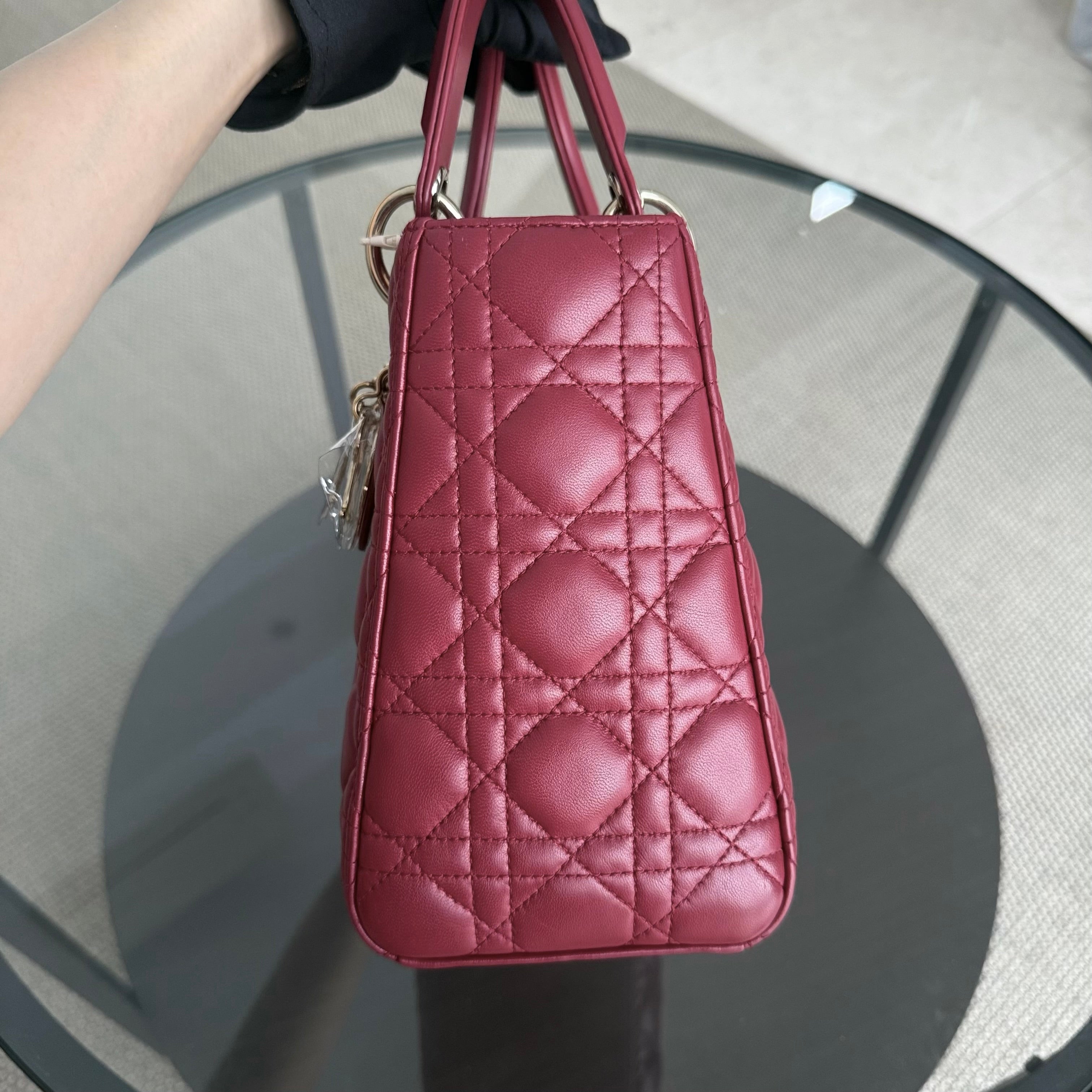 Dior Lady Medium - Cannage Lambskin Burgundy Dark Red Gold Hardware Adjustable Strap