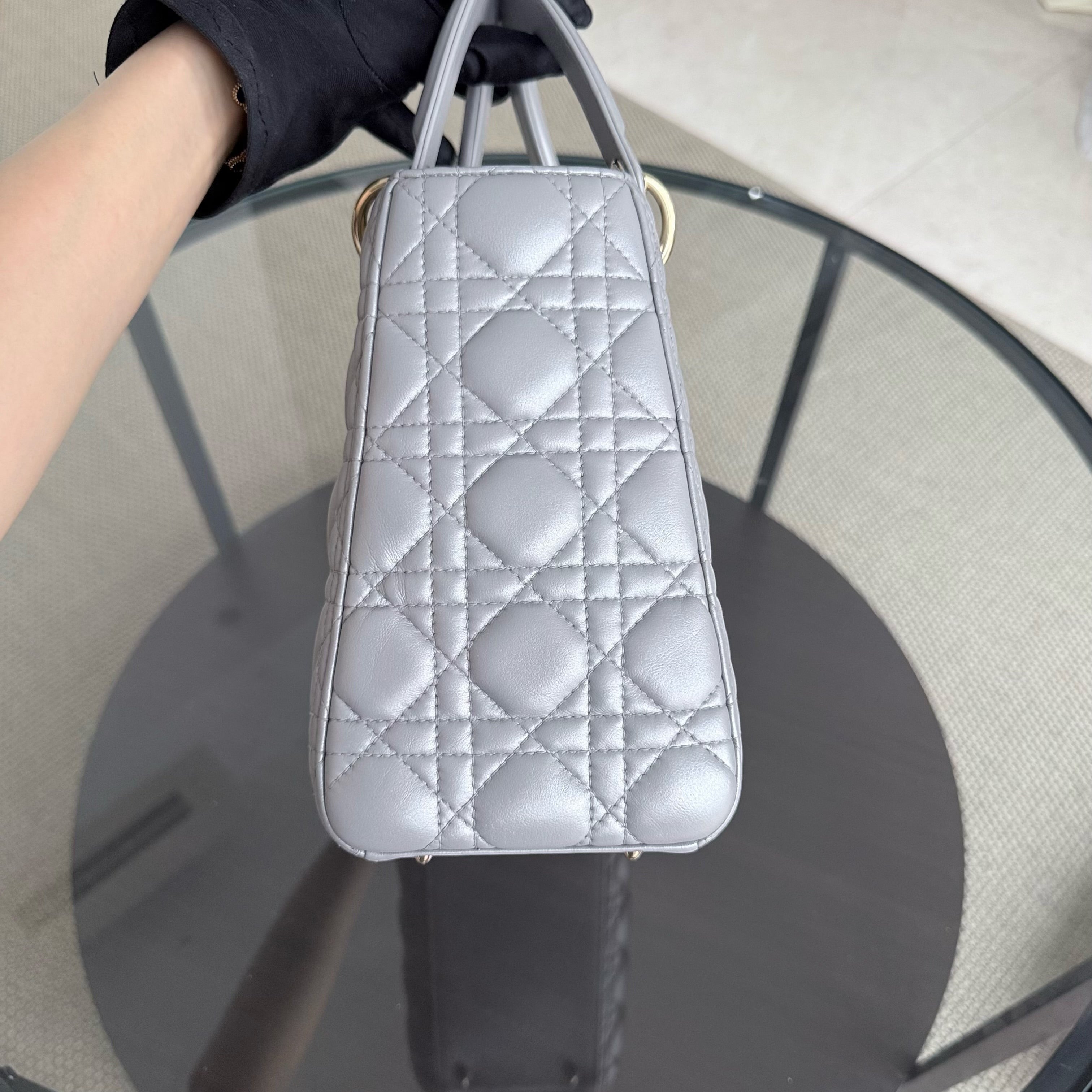 Dior Lady Medium - Cannage Lambskin Gray Grey Gold Hardware Adjustable Strap