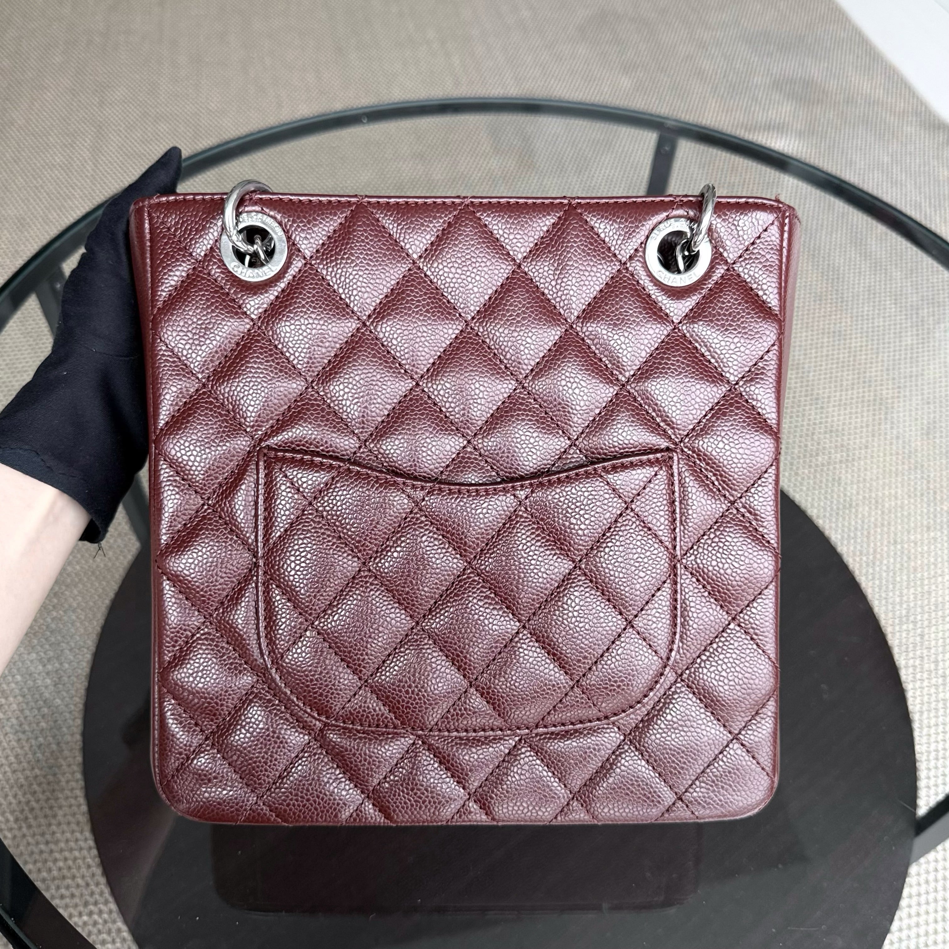 Chanel Caviar PST Petite Shopping Tote Quilted Grained Calfskin Burgundy Silver Hardware Series 18