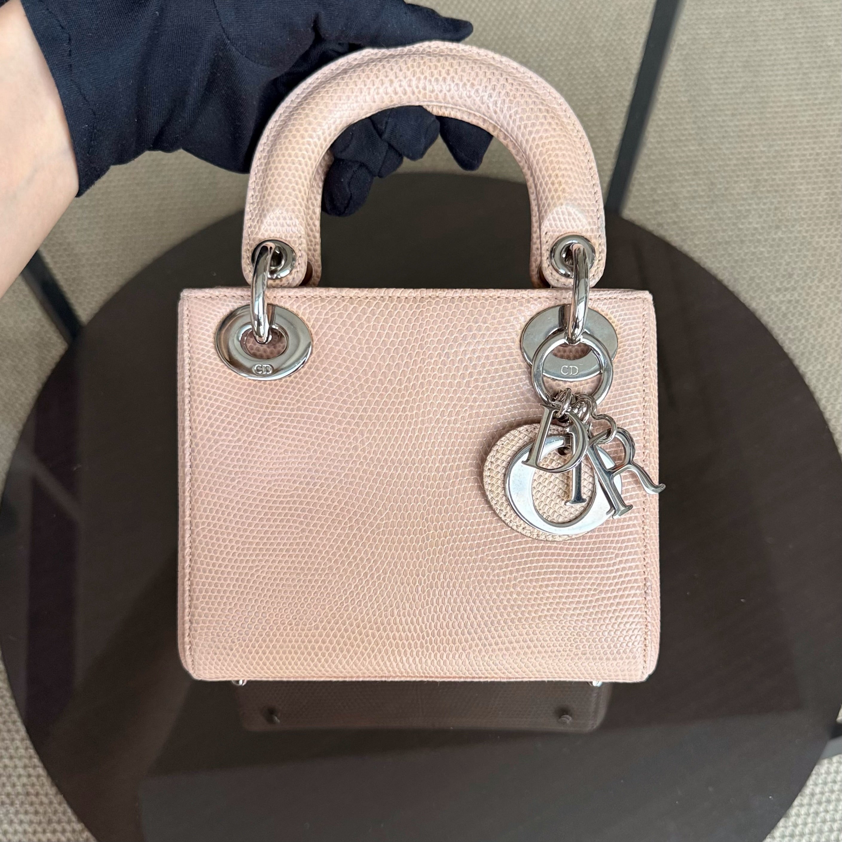 Dior Lady Mini - Exotic Lizard Beige color Silver Hardware