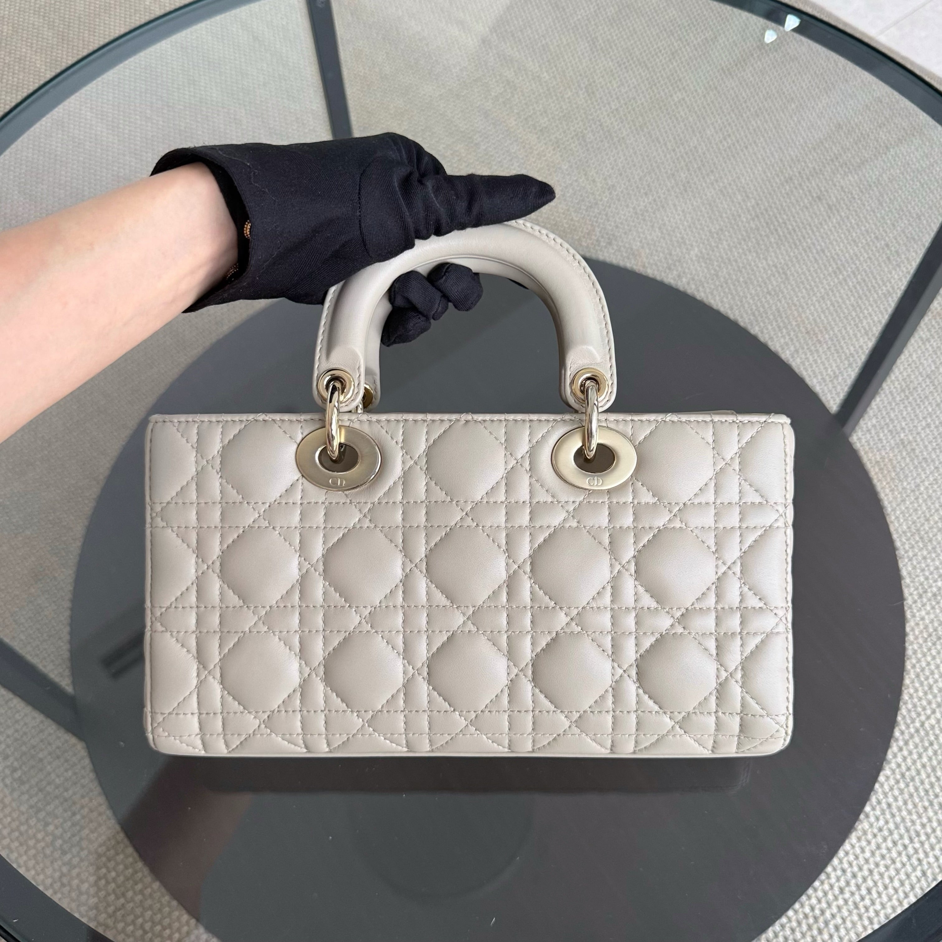 Dior D-Joy Medium Cannage Lambskin Beige Golden Hardware Shoulder Bag