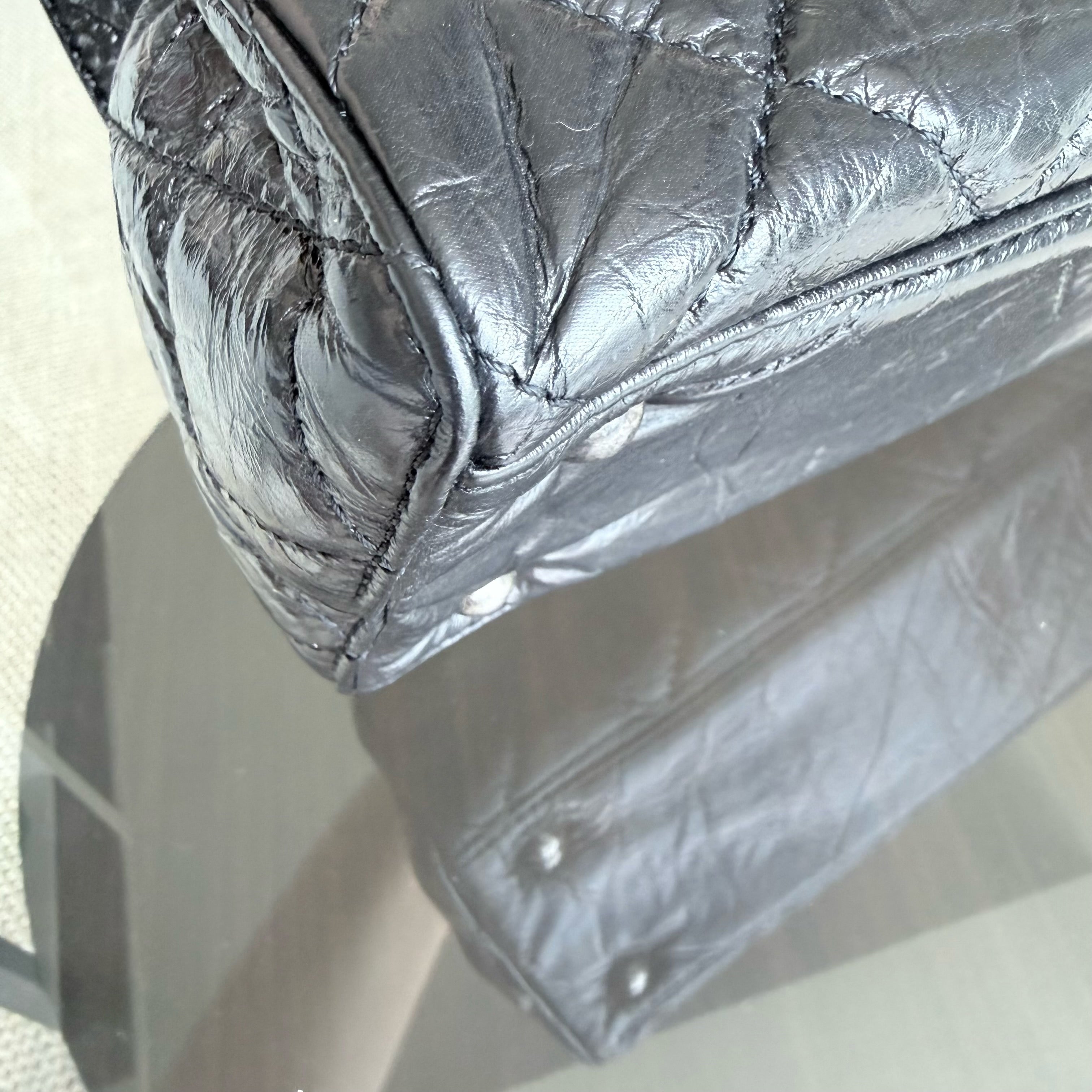 Chanel 2.55 Small Shopping Tote - Quilted Black Glazed Calfskin Silver Hardware Series 20