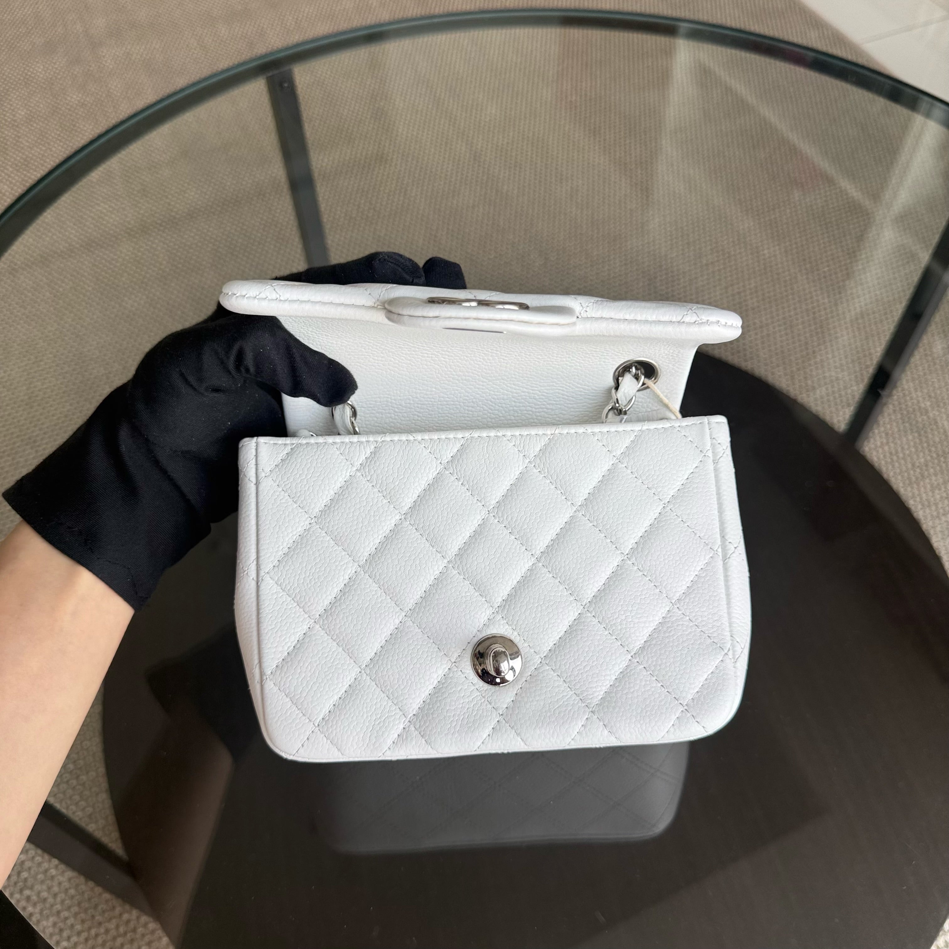 Chanel Classic Flap Mini Square - Caviar Quilted White Silver Hardware Series 18