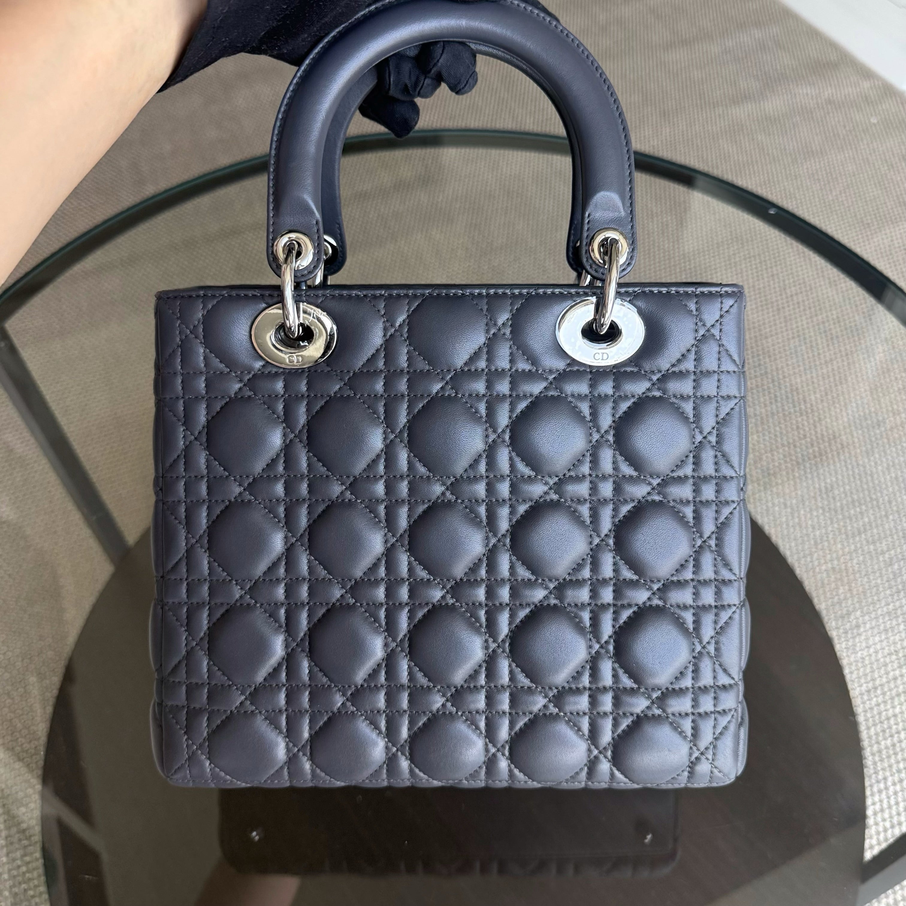 Dior Lady Medium - Cannage Lambskin Dark Gray Silver Hardware