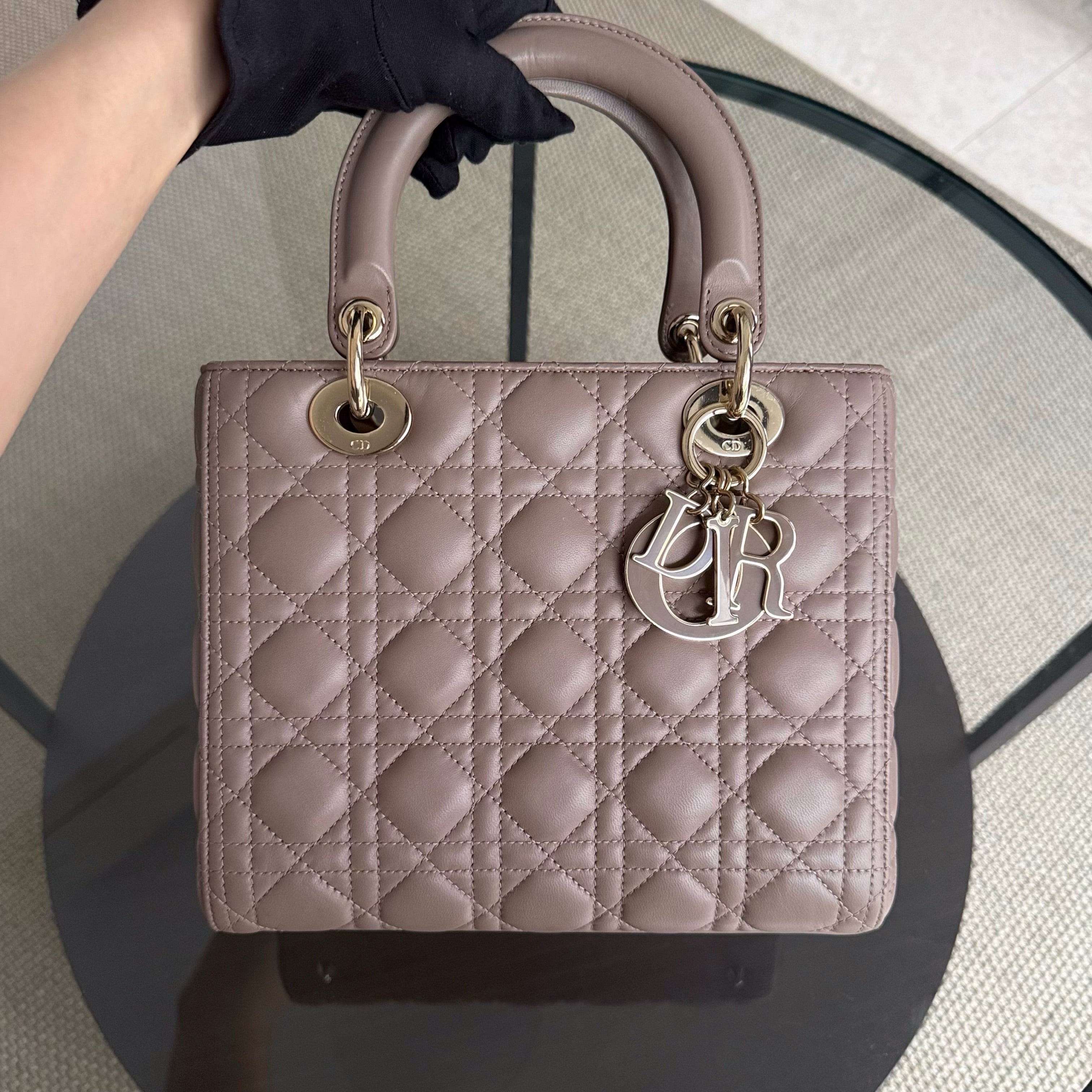 Dior Lady Flap Medium - Cannage Lambskin Dark Blush Gold Hardware Adjustable Strap