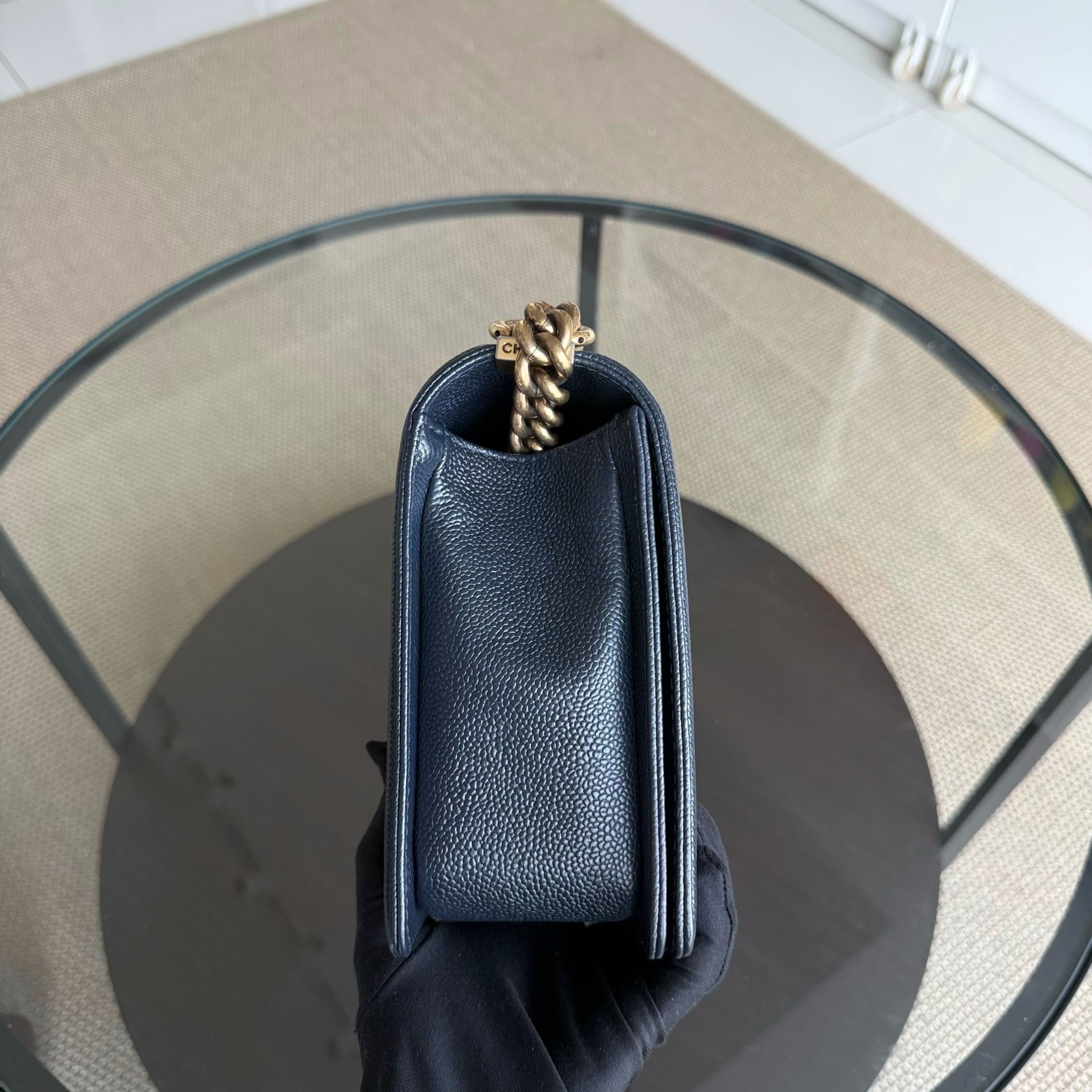Chanel Boy New Medium - 28CM Caviar Quilted Grained Calfskin Dark Navy Blue Ruthenium Gold Hardware Series 19