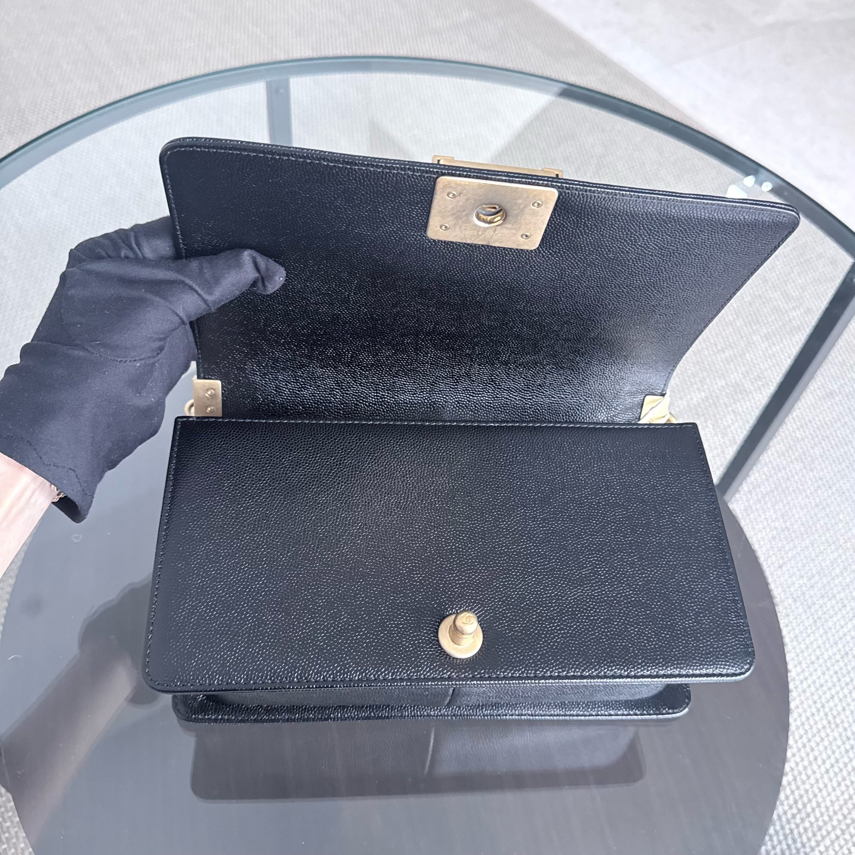 Chanel Boy Medium - Caviar 25CM Chevron Black Gold Hardware Series 24