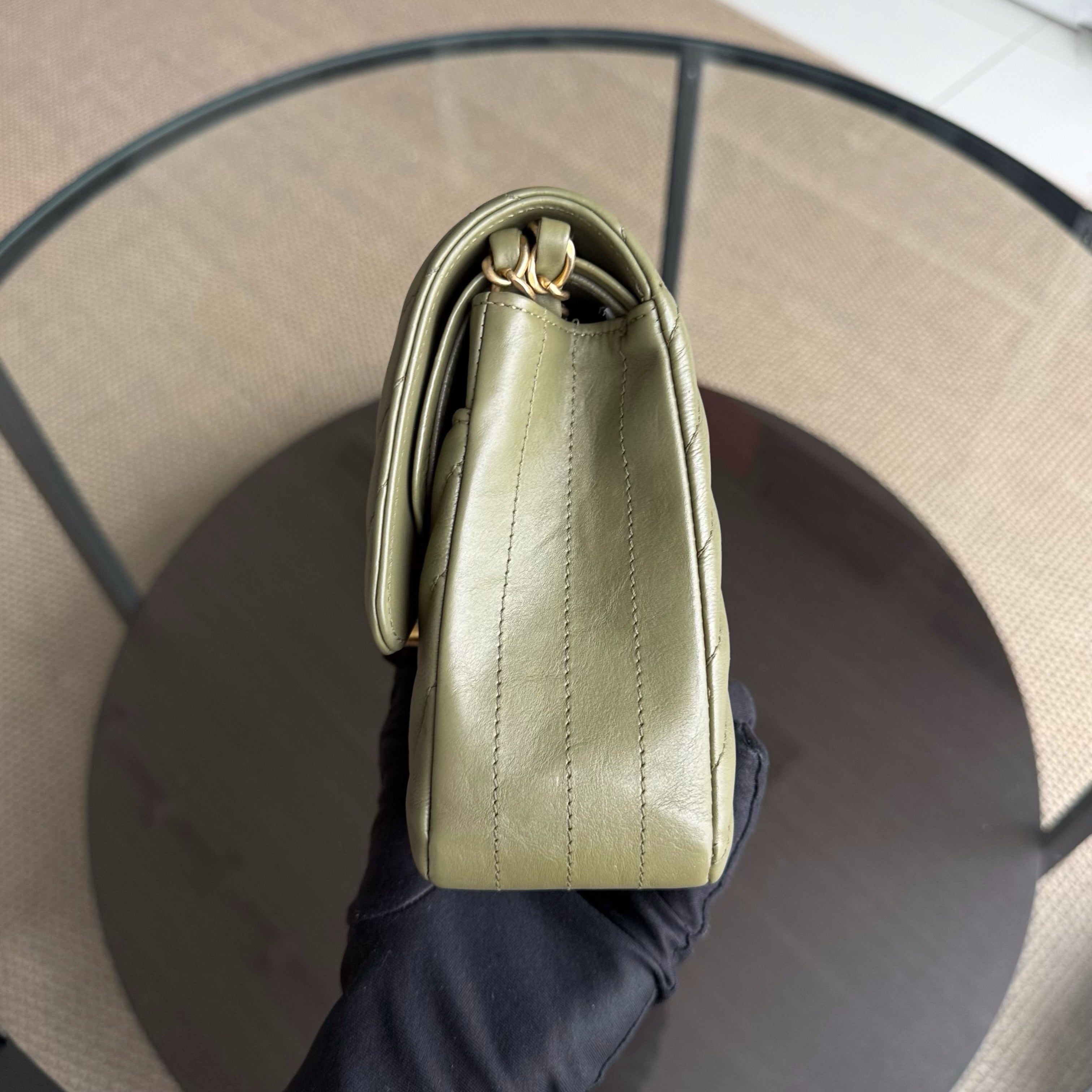 Chanel Classic Flap Medium - 25CM Chevron Grained Calfskin Olive Green Gold Hardware Series 23