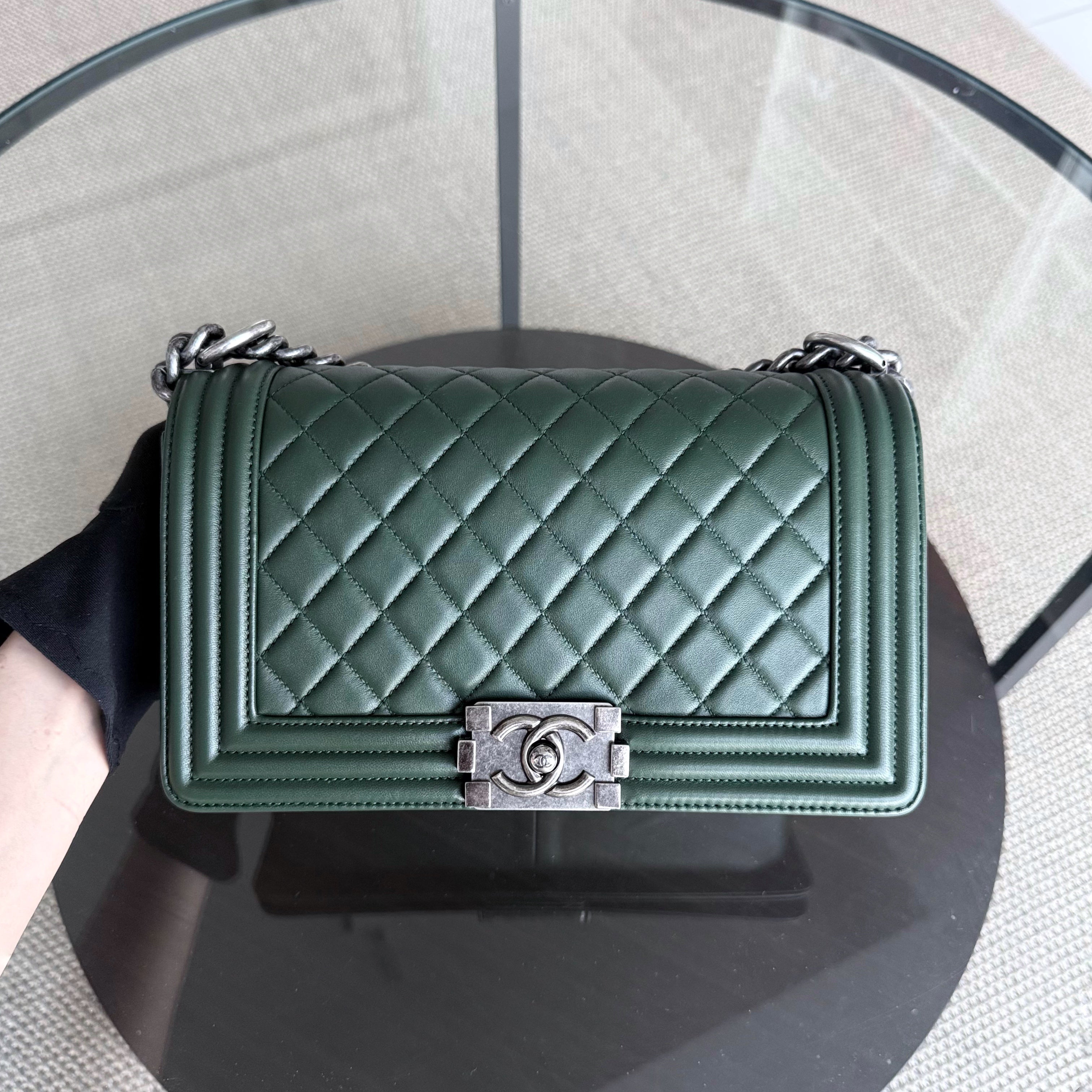 Chanel Boy Medium - Quilted Lambskin Dark Green Ruthenium Silver Hardware Series 20