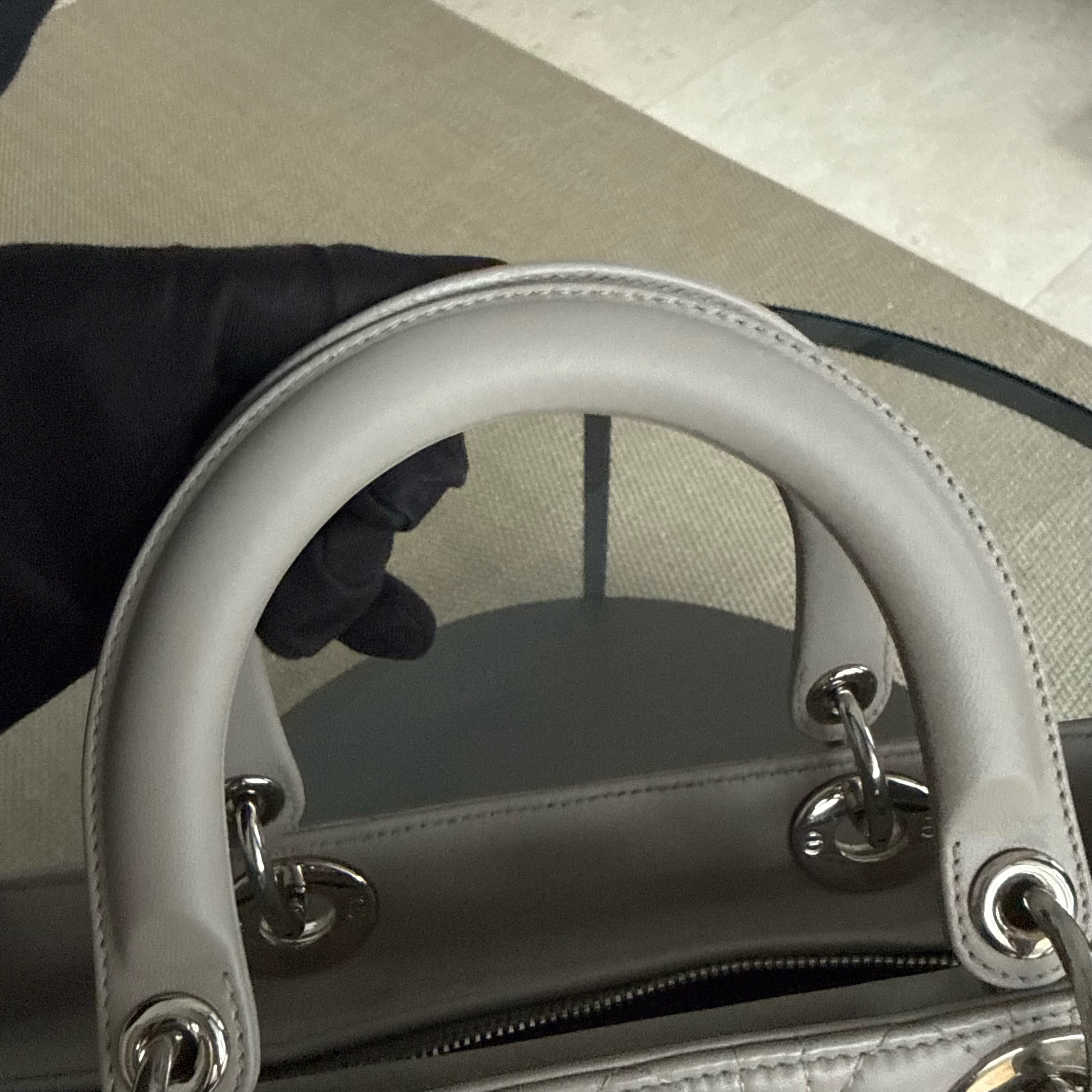Dior Lady Large - Cannage Lambskin Light Gray Grey Silver Hardware