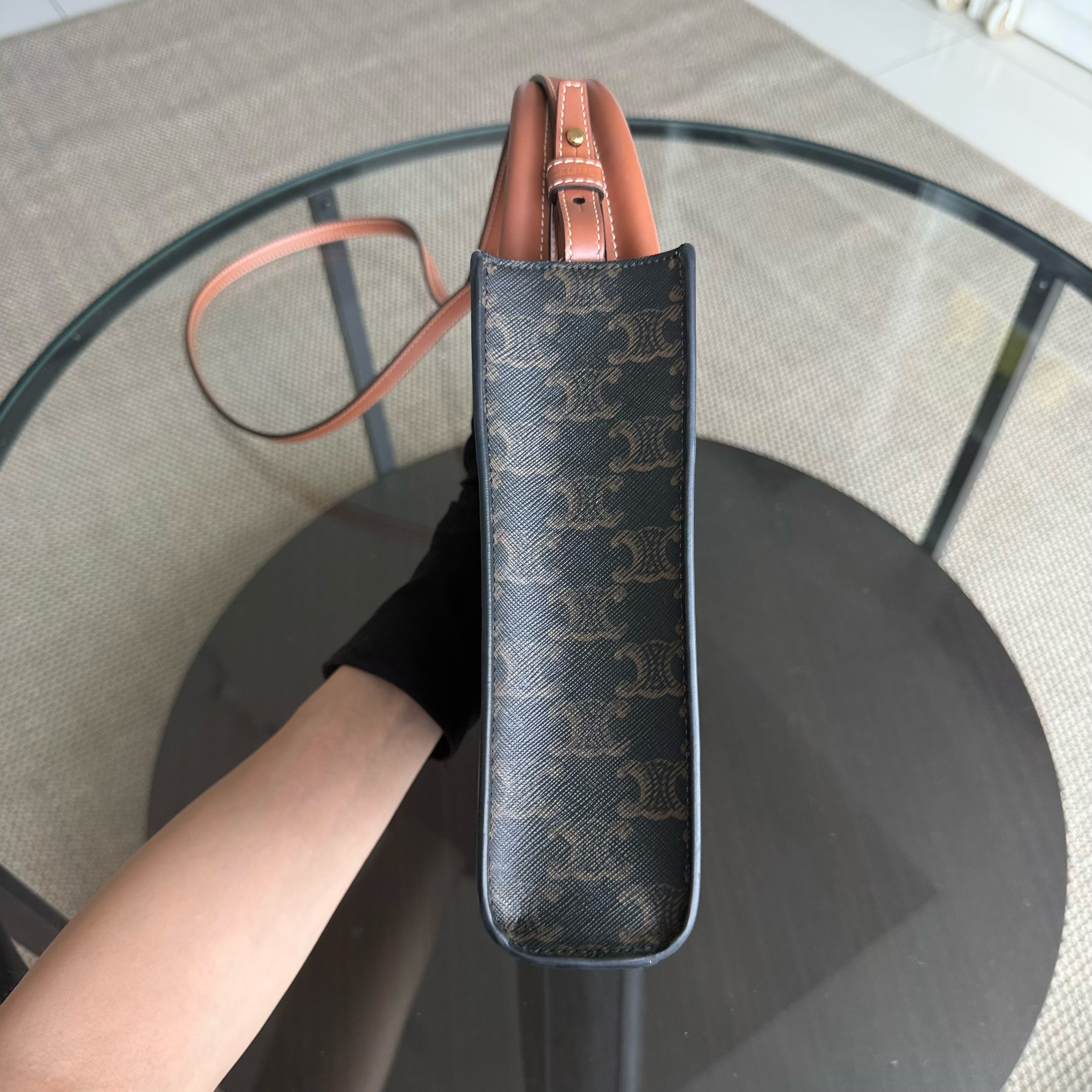 Celine Vertical Top Handle Bag Brown Coated Canvas Gold hardware