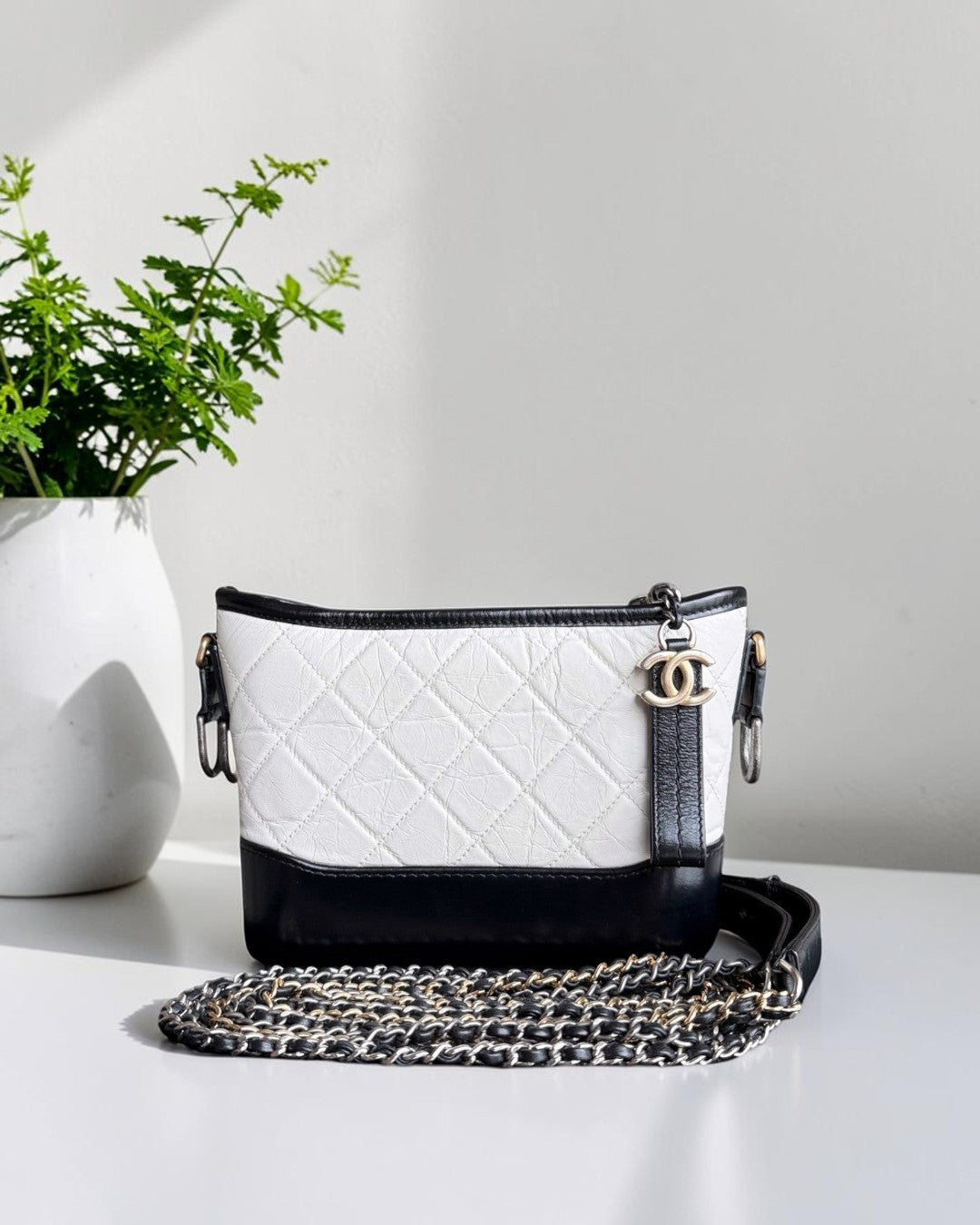 Chanel Gabrielle Small - 20CM Quilted Calfskin White Black Two-Tone Hardware
