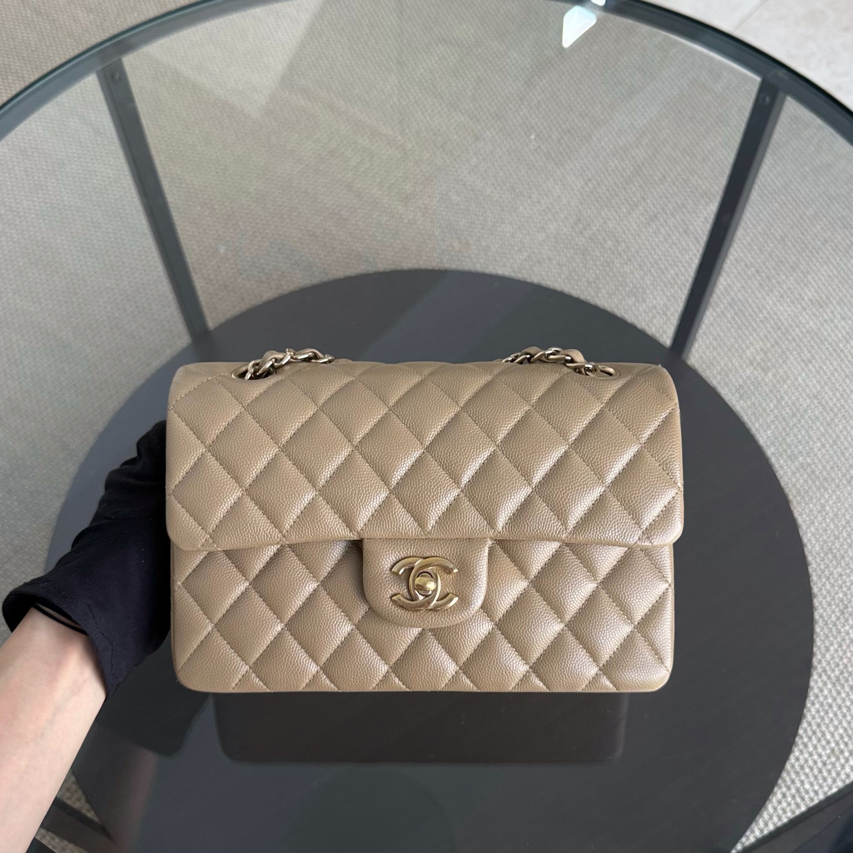 Chanel Classic Flap Small - Caviar 23CM Quilted Dark Beige Gold Hardware Microchip