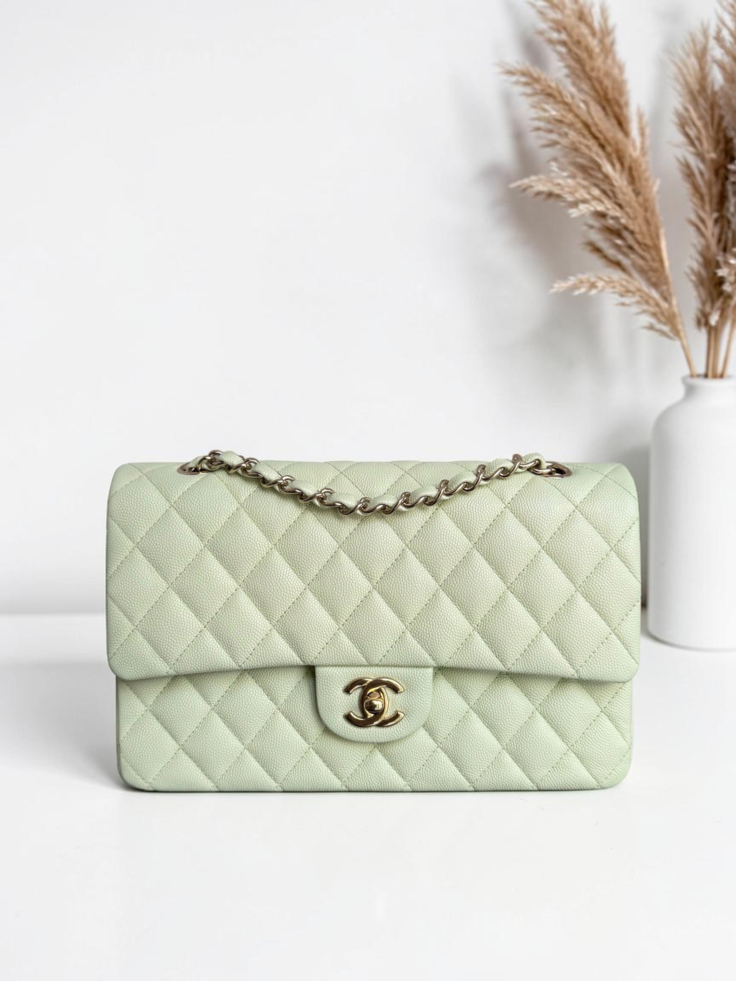 Chanel Classic Flap Medium - Caviar 25CM Quilted Light Green Gold Hardware Microchip