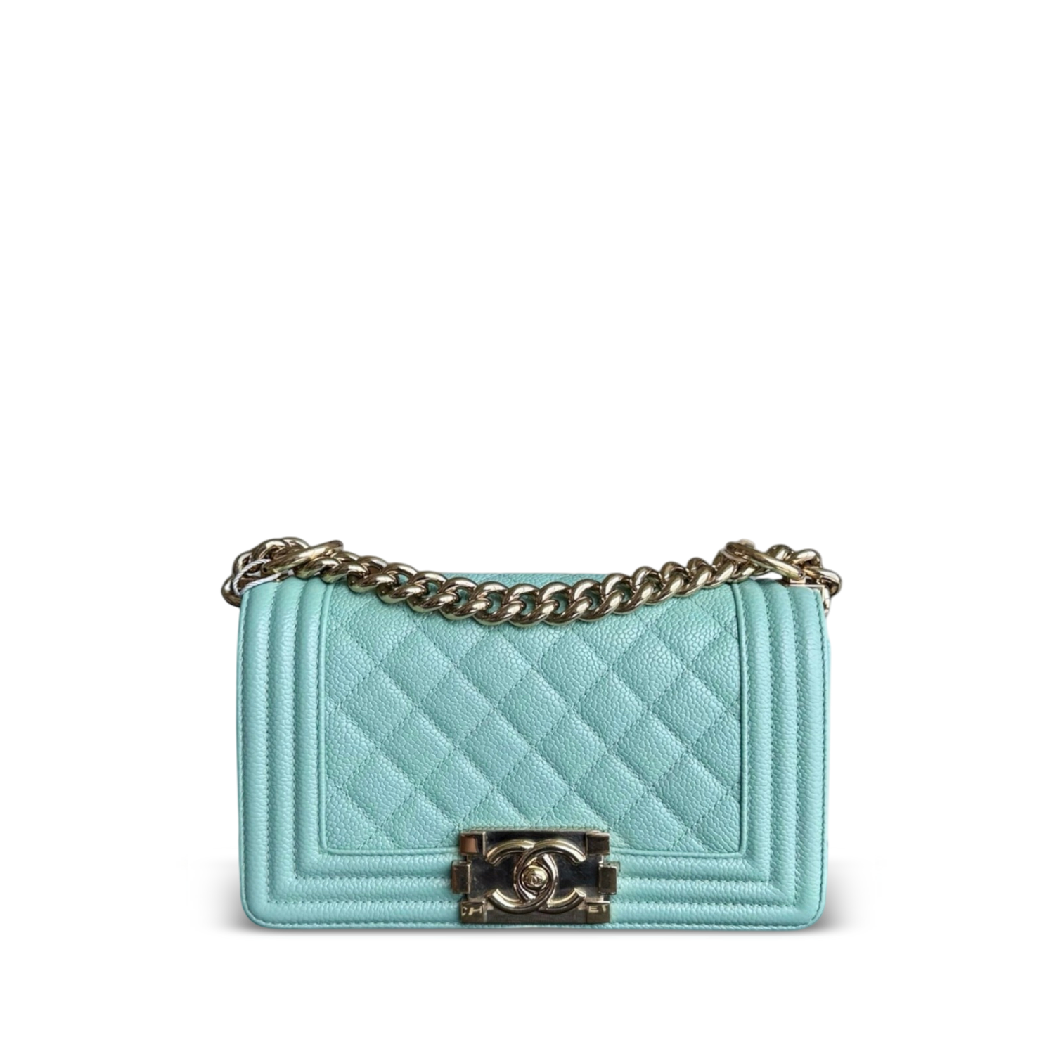 Chanel Boy Small - Caviar 20CM Quilted Tiffany Blue Gold Hardware Series 28