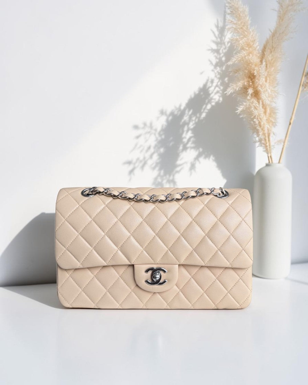 Chanel Classic Flap Medium - 25CM Quilted Lambskin Beige Silver Hardware Series 15