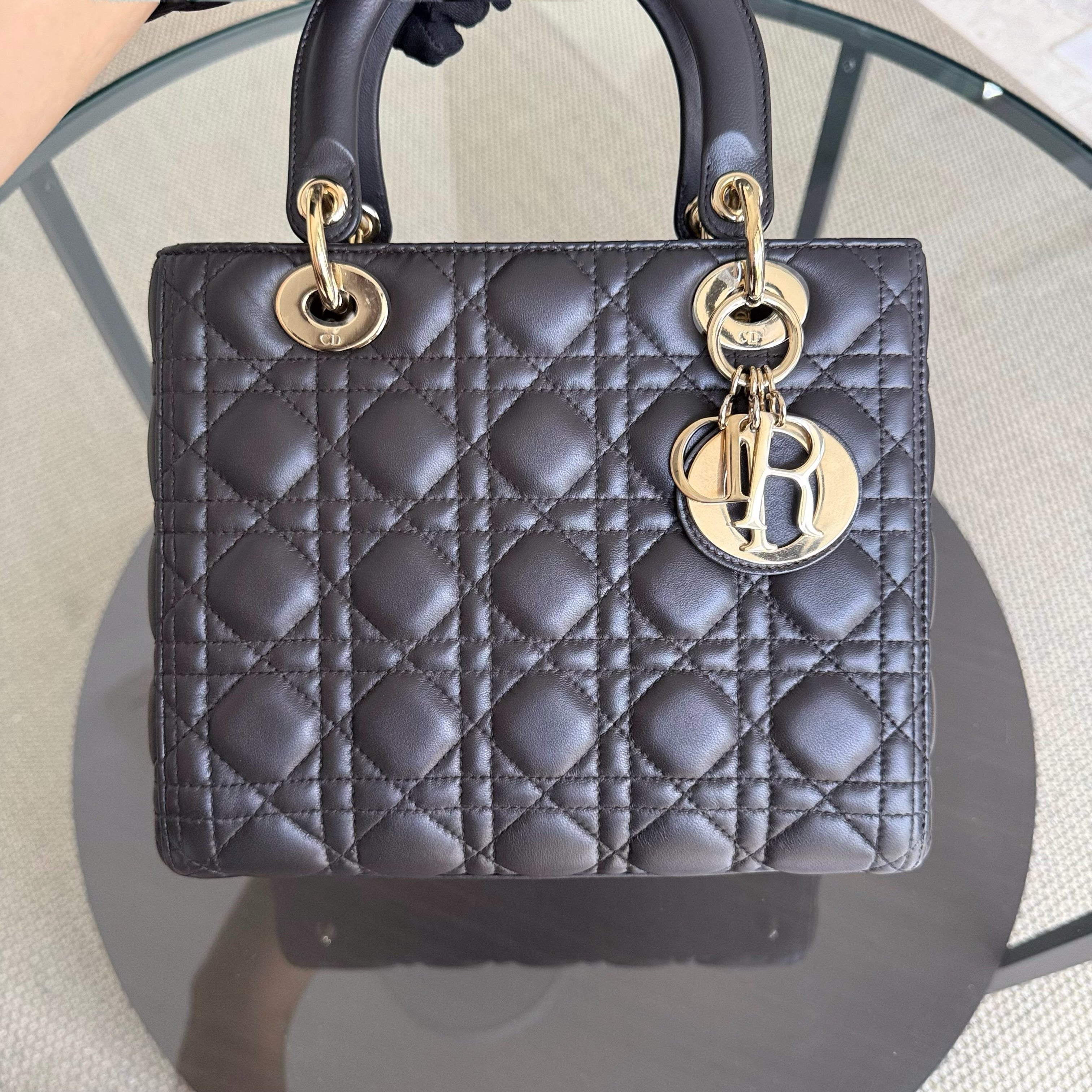Dior Lady Medium - Cannage Lambskin Dark Gray Gold Hardware Adjustable Strap