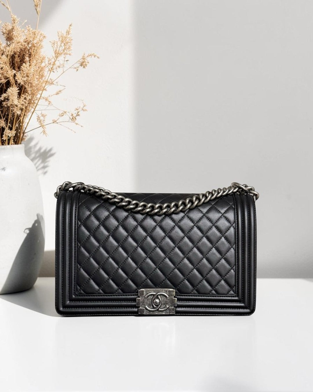 Chanel Boy New Medium - 28CM Quilted Lambskin Black Silver Hardware Series 23