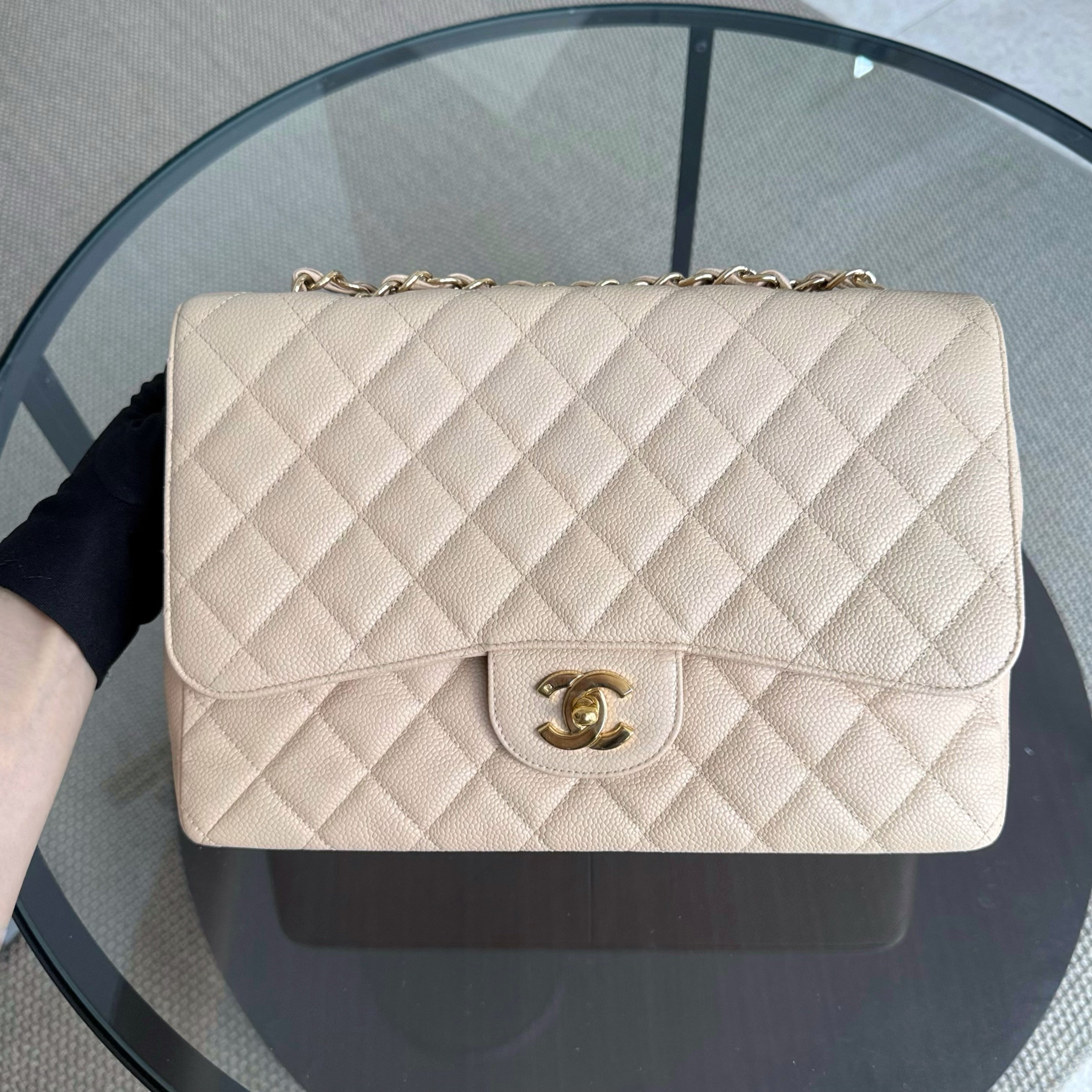 Chanel Classic Flap Jumbo - Caviar 30CM Single Flap Quilted Beige Gold Hardware Series 12