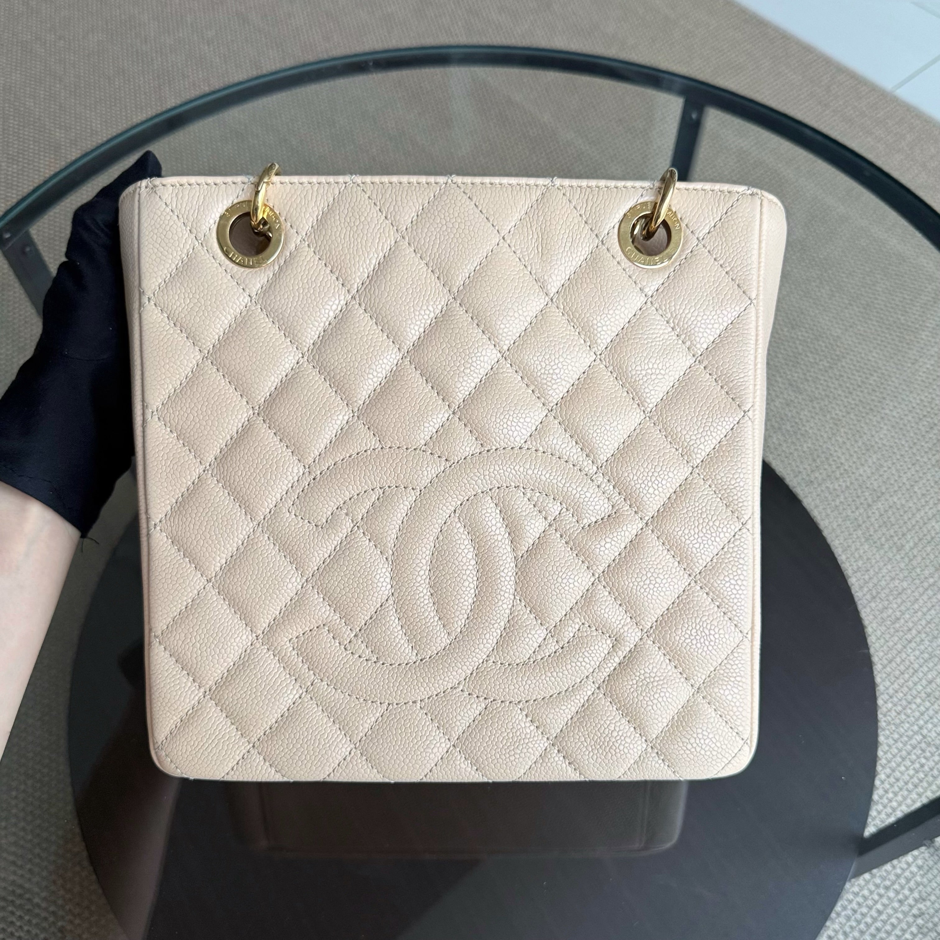 Chanel PST Petite Shopping Tote - Caviar Quilted Grained Calfskin Light Beige Gold Hardware Series 15