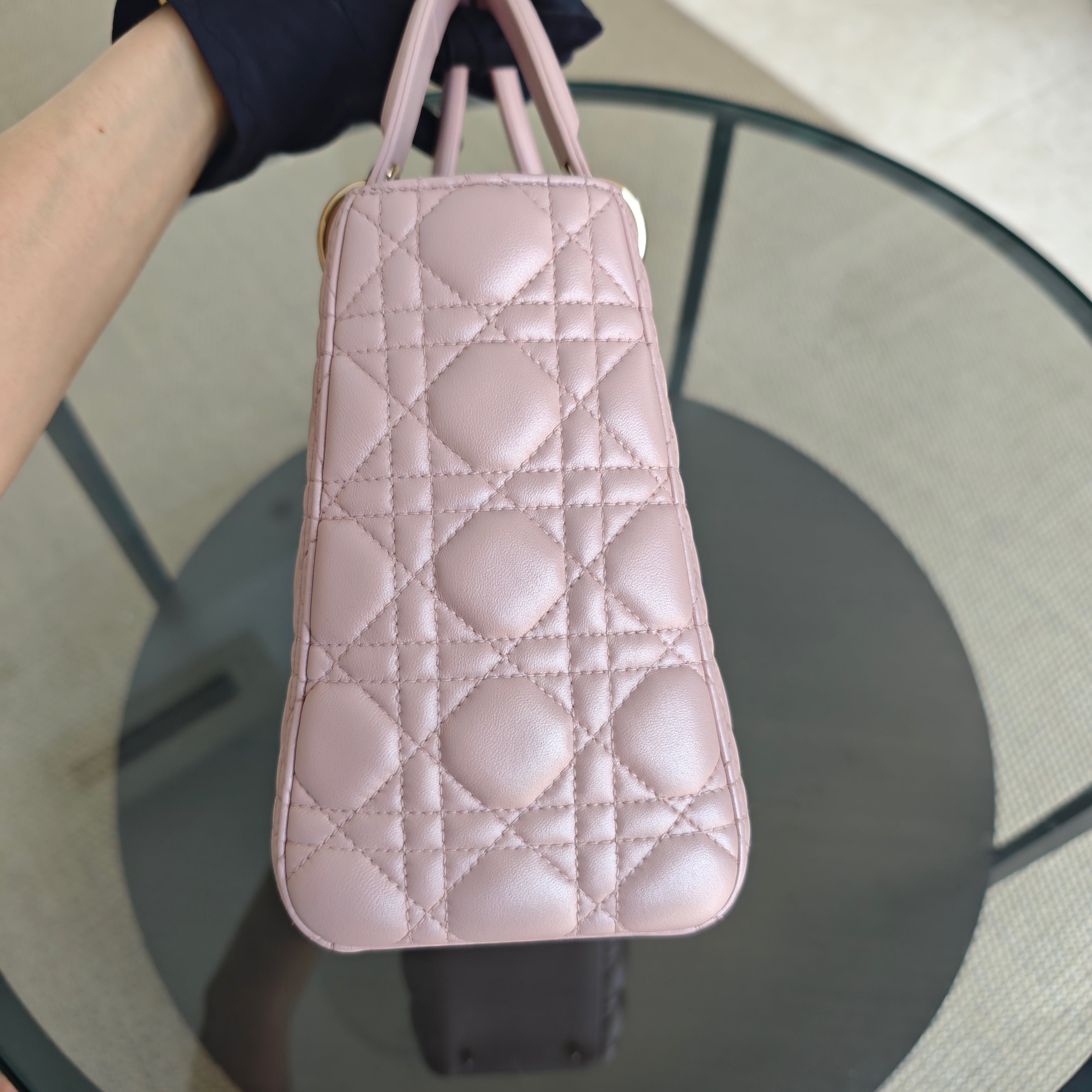 Dior Lady Medium - Cannage Lambskin Light Pink Gold Hardware Adjustable Strap