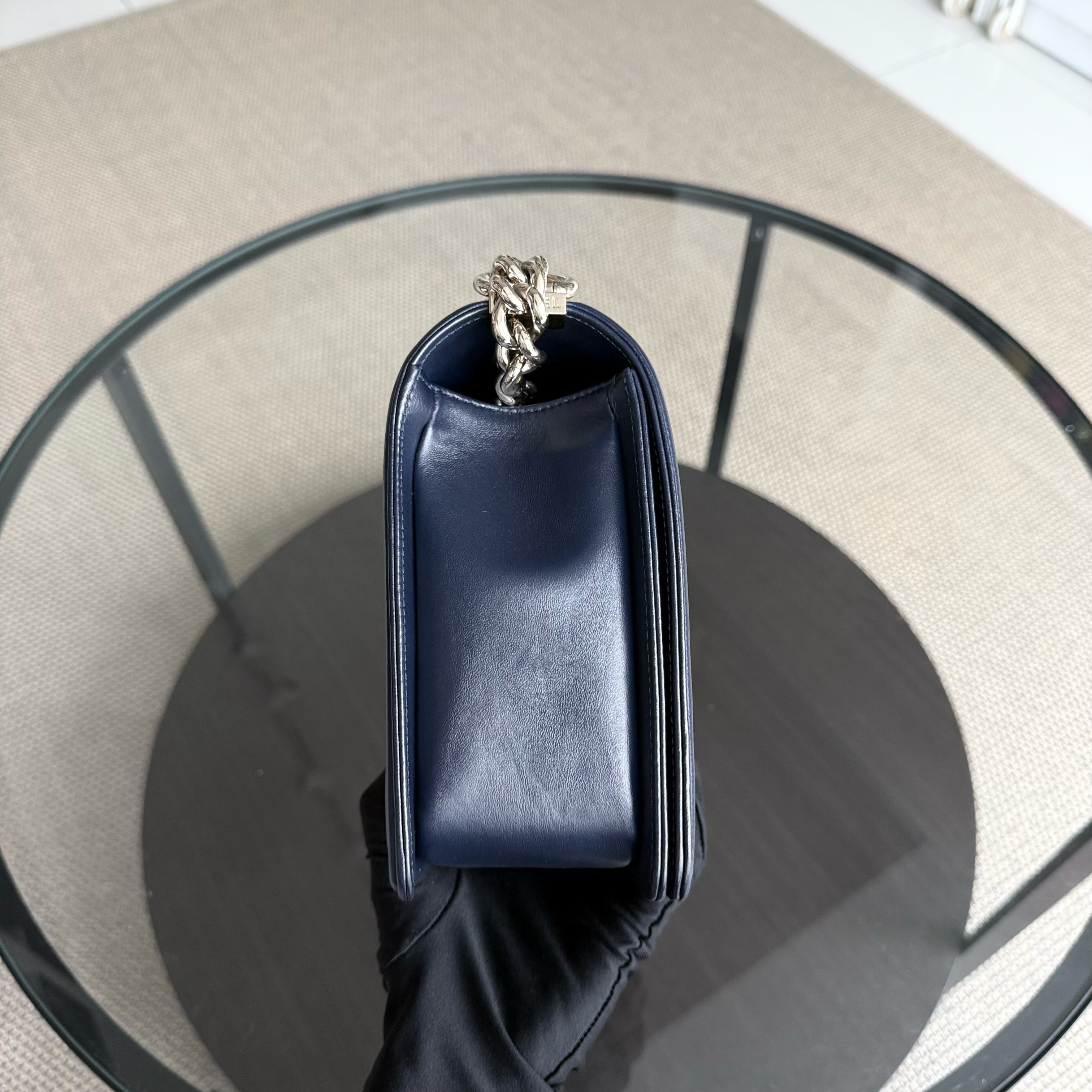 Chanel Boy New Medium - 28CM Quilted Lambskin Dark Blue Gold Hardware Series 22