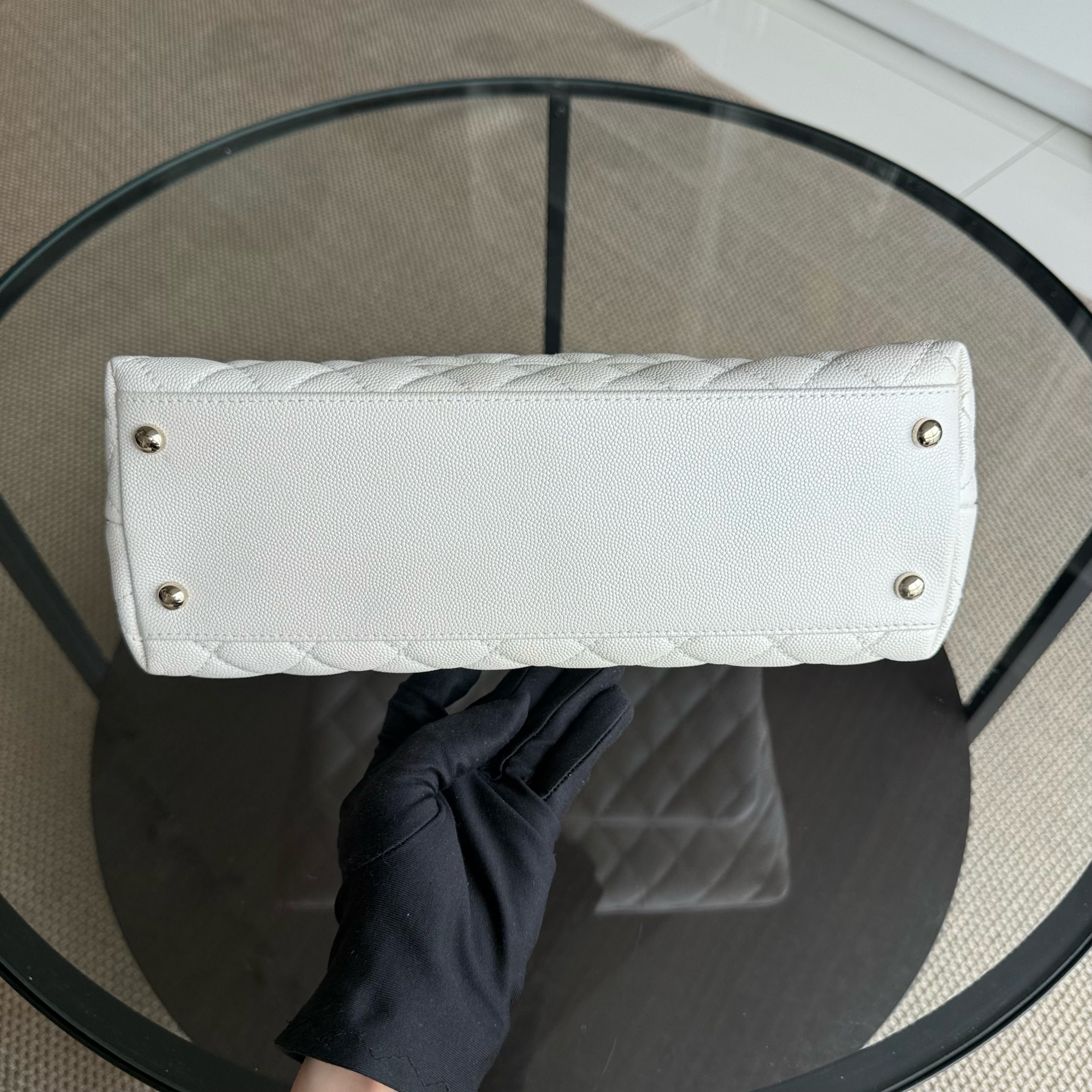 Chanel Coco Handle Medium - Caviar 29CM Quilted Irridescent Pearl White Gold Hardware Series 30