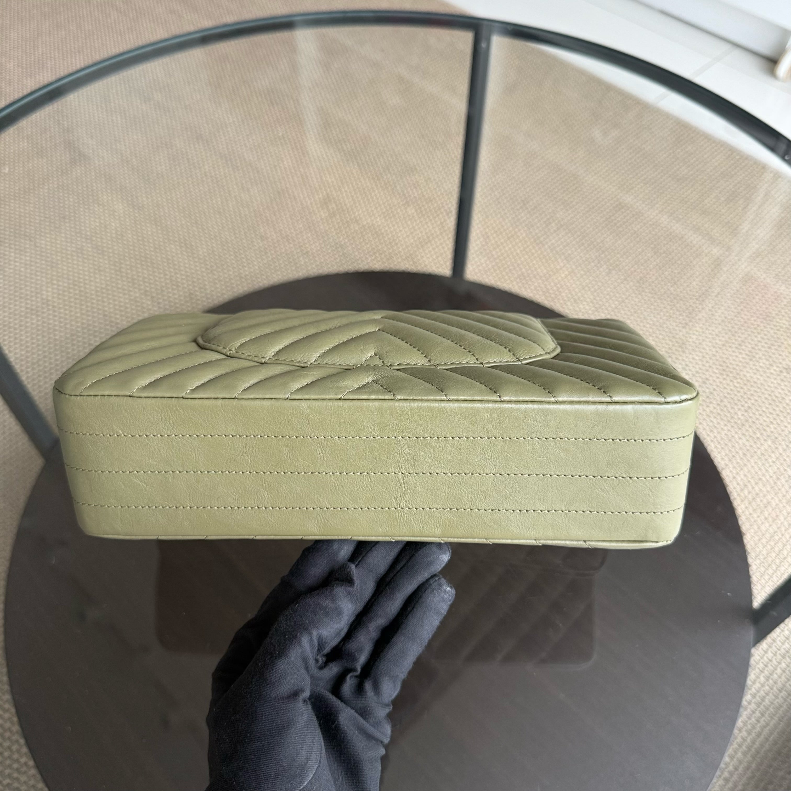 Chanel Classic Flap Medium - 25CM Chevron Grained Calfskin Olive Green Gold Hardware Series 23