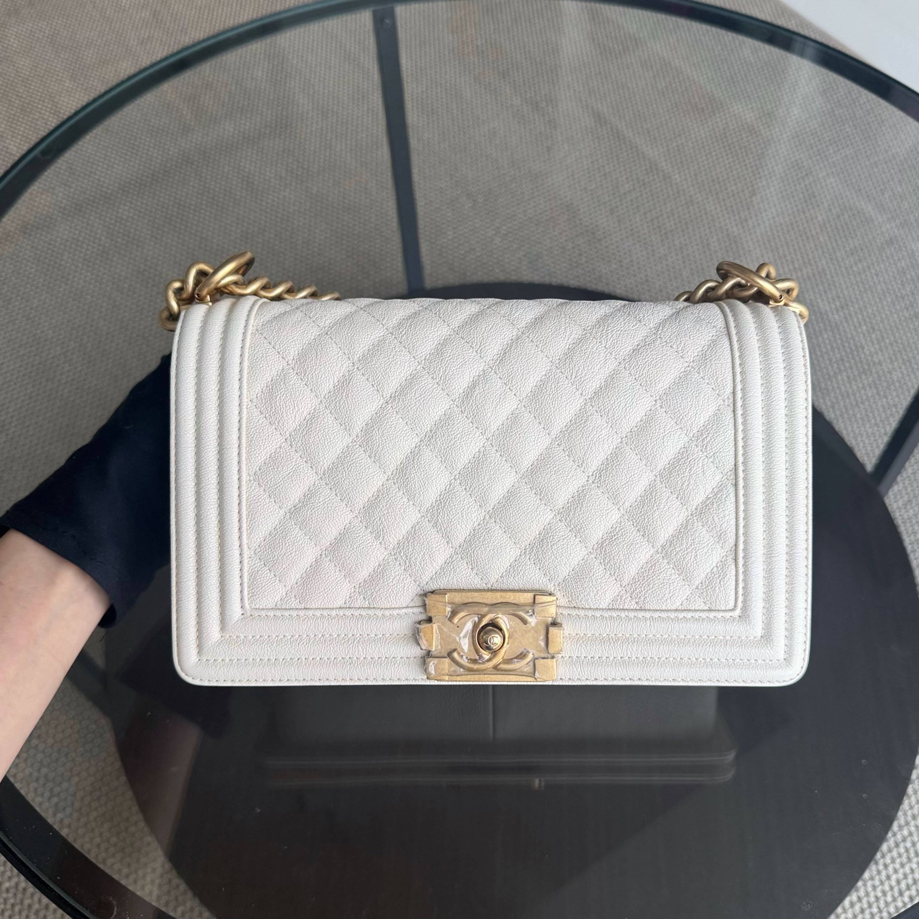 Chanel Boy Medium - Caviar 25CM Cream White Aged Gold Hardware Series 26