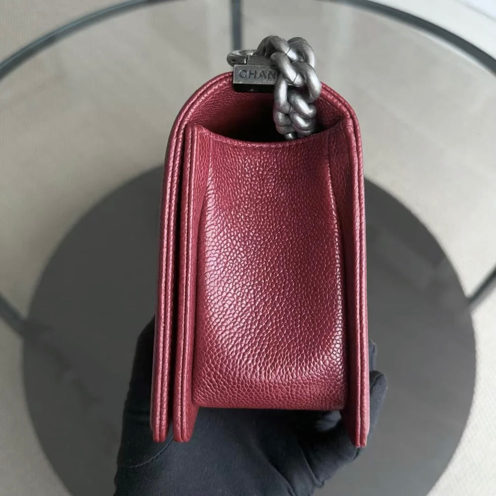 Chanel Boy Medium - Caviar 25CM Quilted Burgundy Dark Red Ruthenium Silver Hardware Series 19