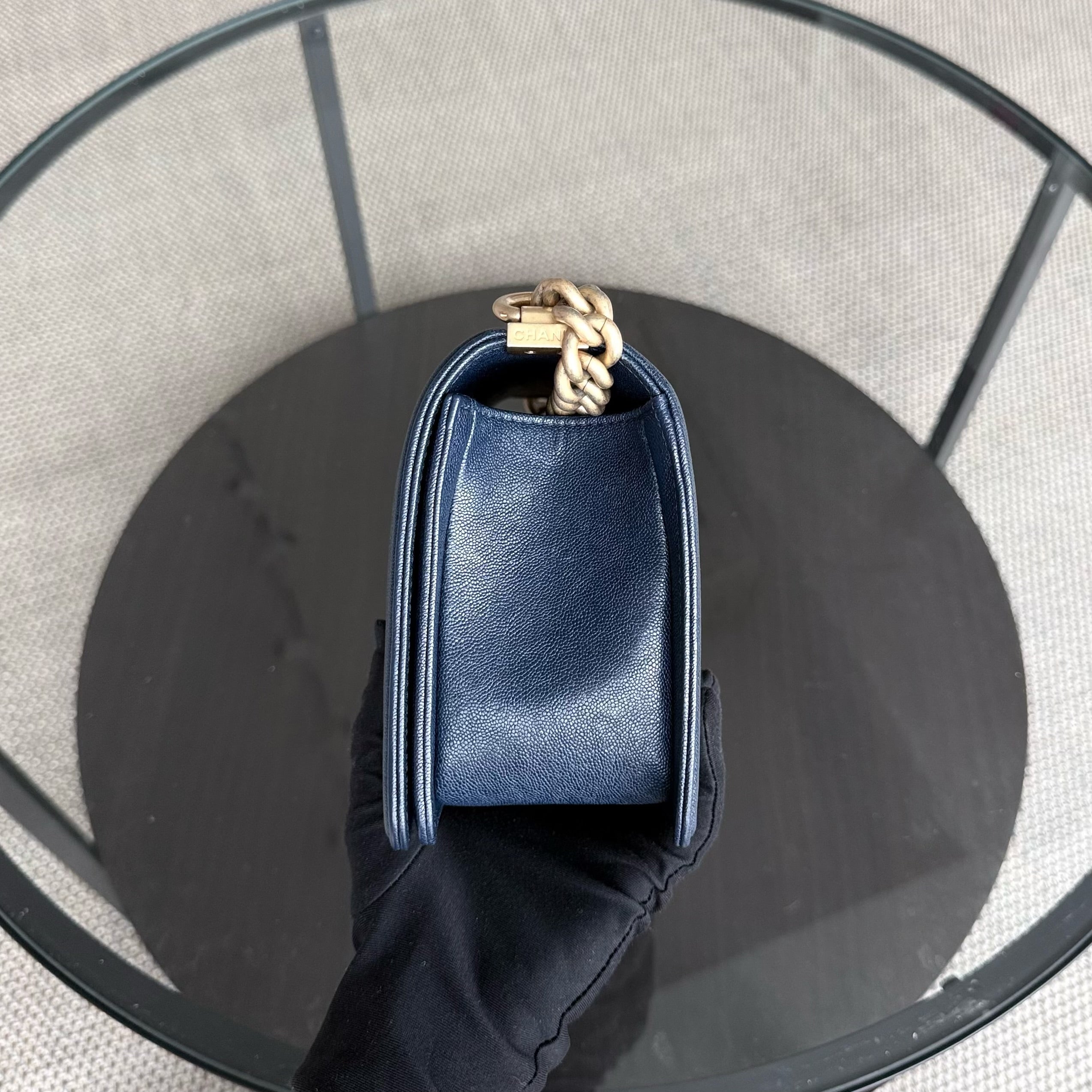 Chanel Boy Medium - Caviar 25CM Quilted Dark Blue Gold Hardware Series 27