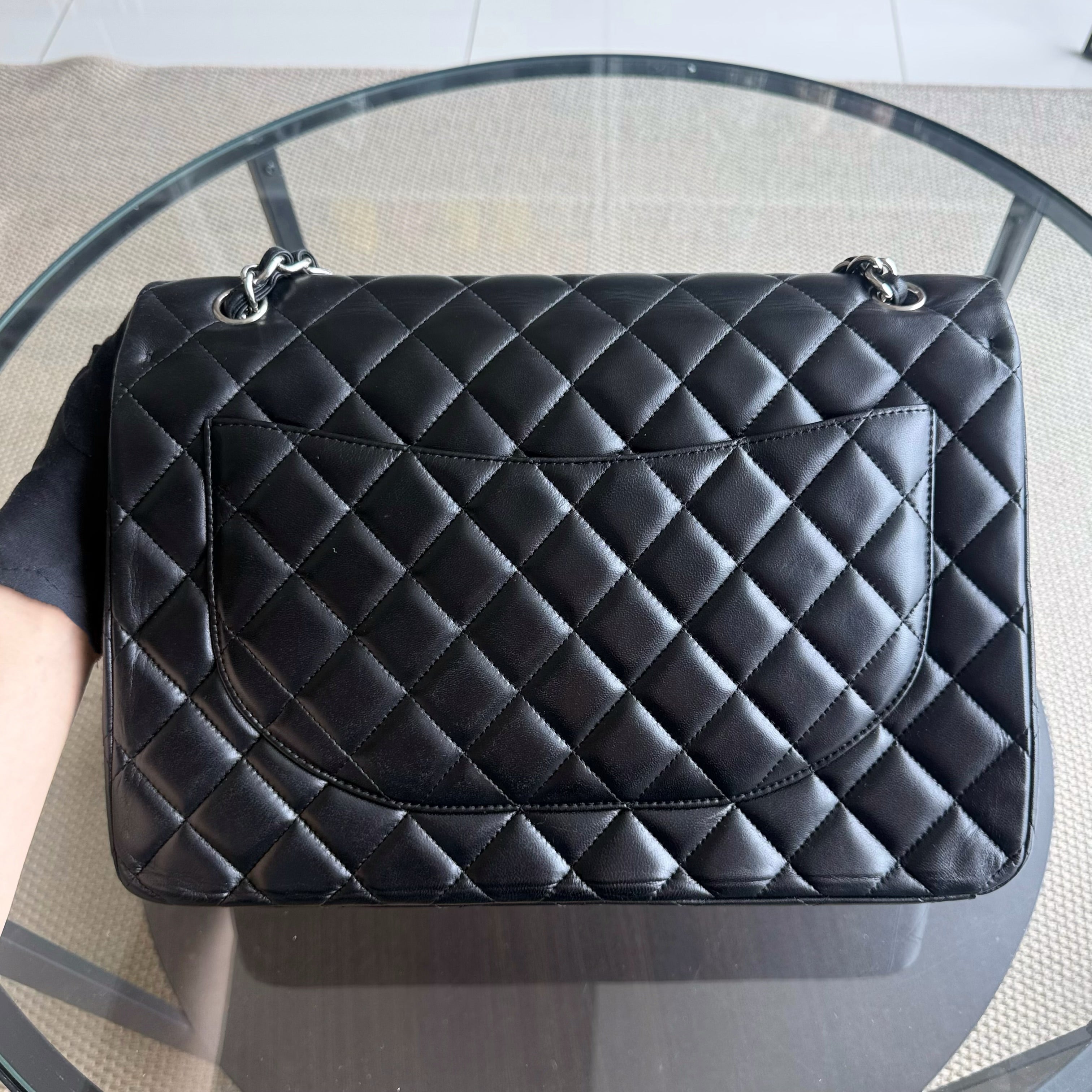 Chanel Classic Flap Maxi - 34CM Quilted Single Flap Lambskin Black Silver Hardware Series 13