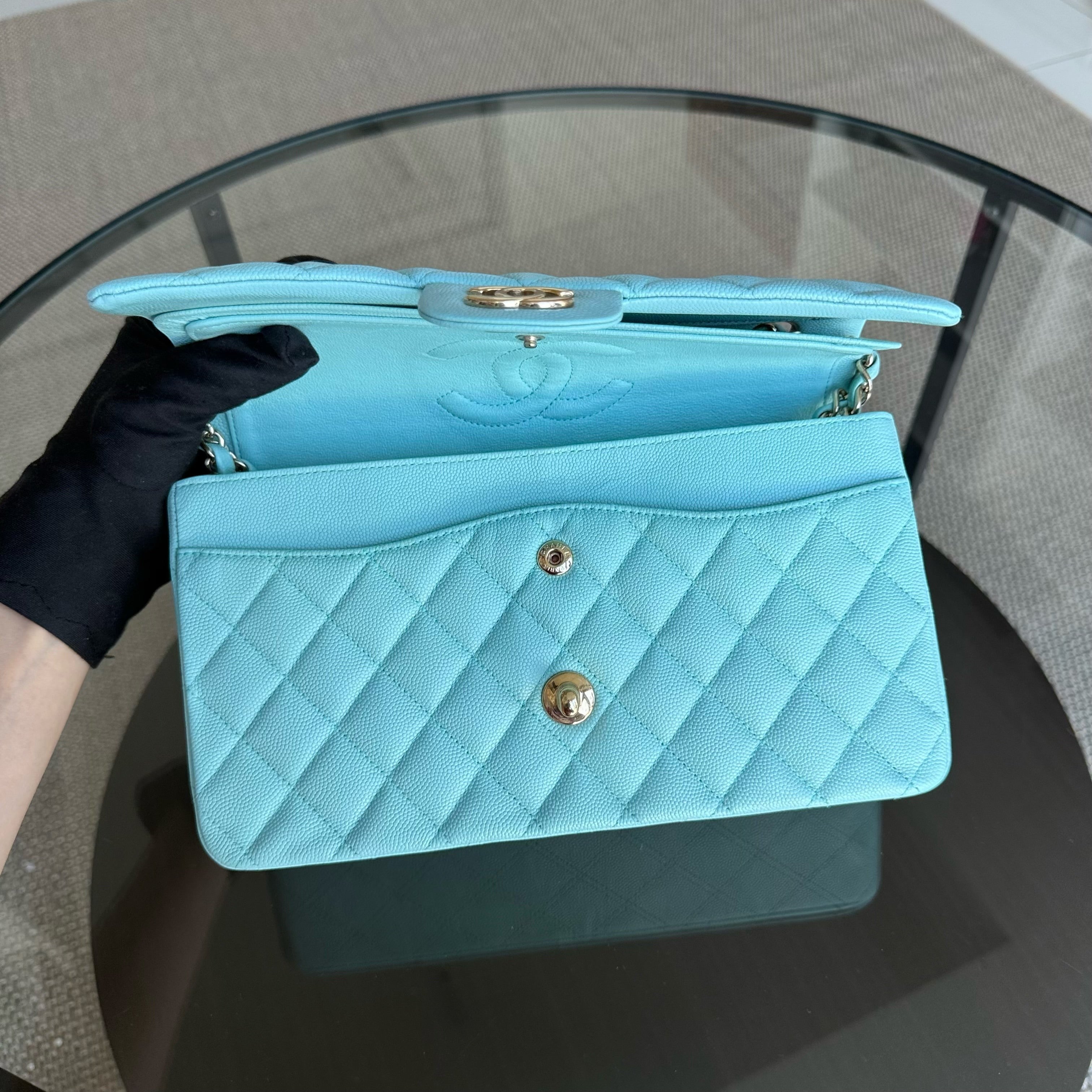 Chanel Classic Flap Medium - Caviar 25CM Quilted Tiffany Light Blue Gold Hardware