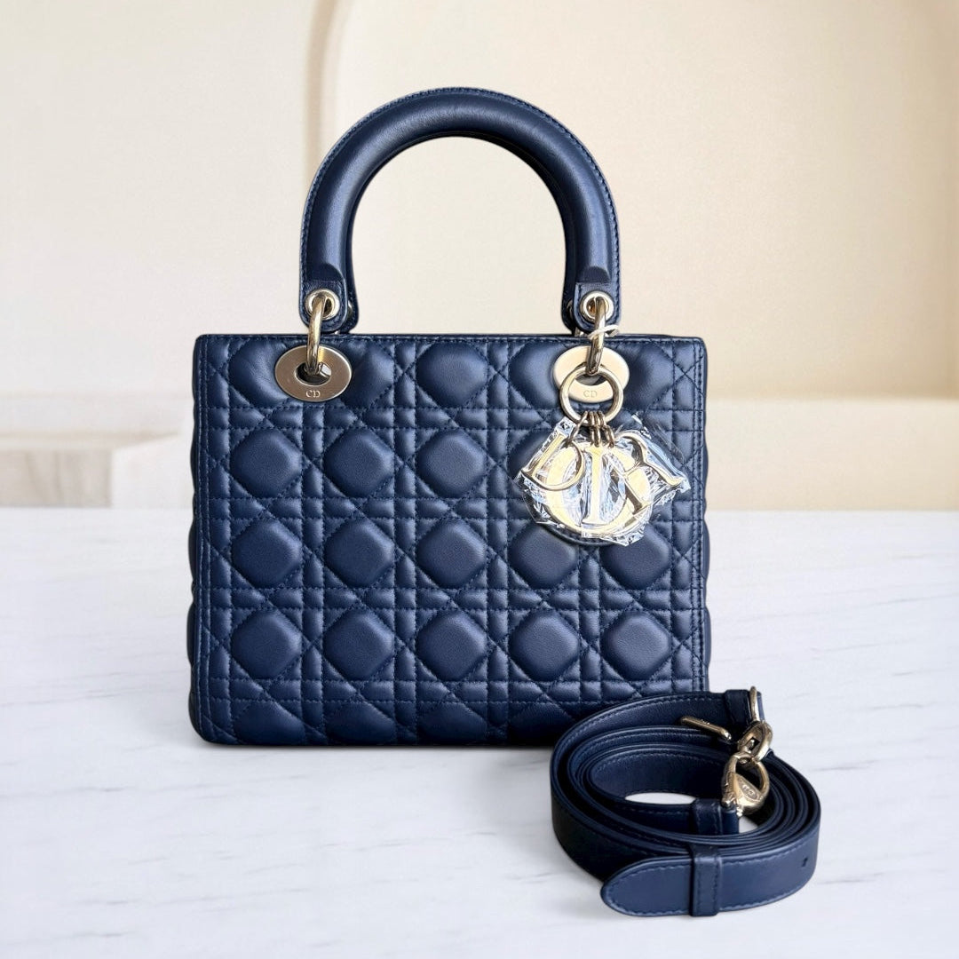 Dior Lady Medium - Cannage Lambskin Dark Blue Gold Hardware Adjustable Strap