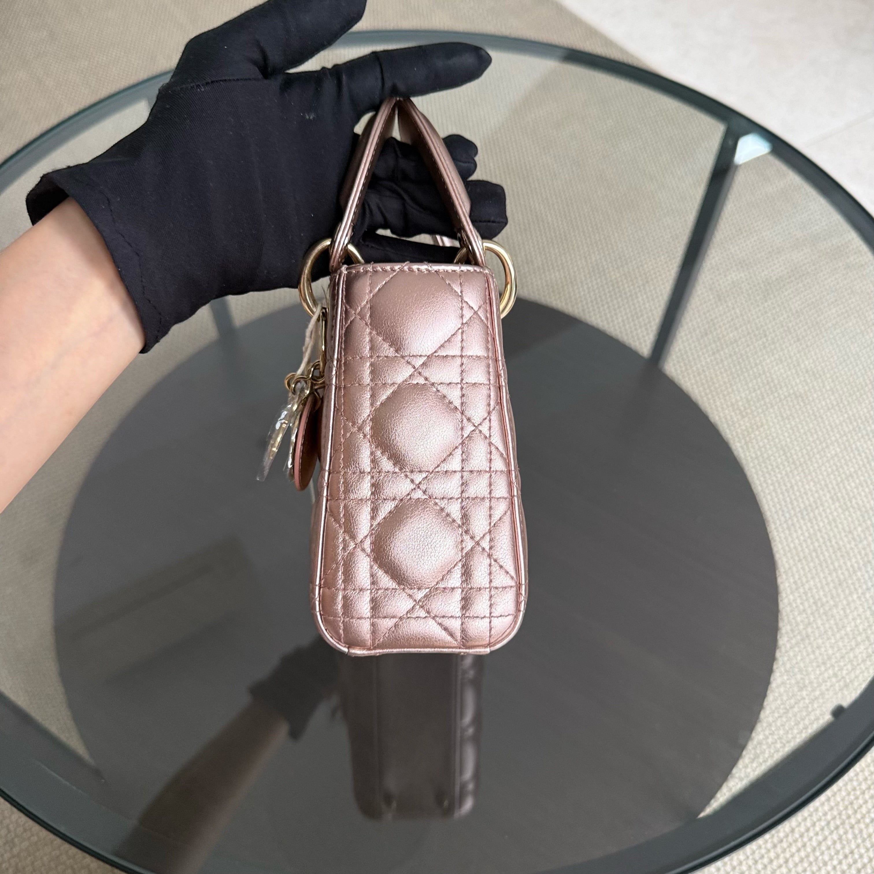 Dior Lady Mini - Cannage Rose Calfskin Gold Hardware Chain Strap