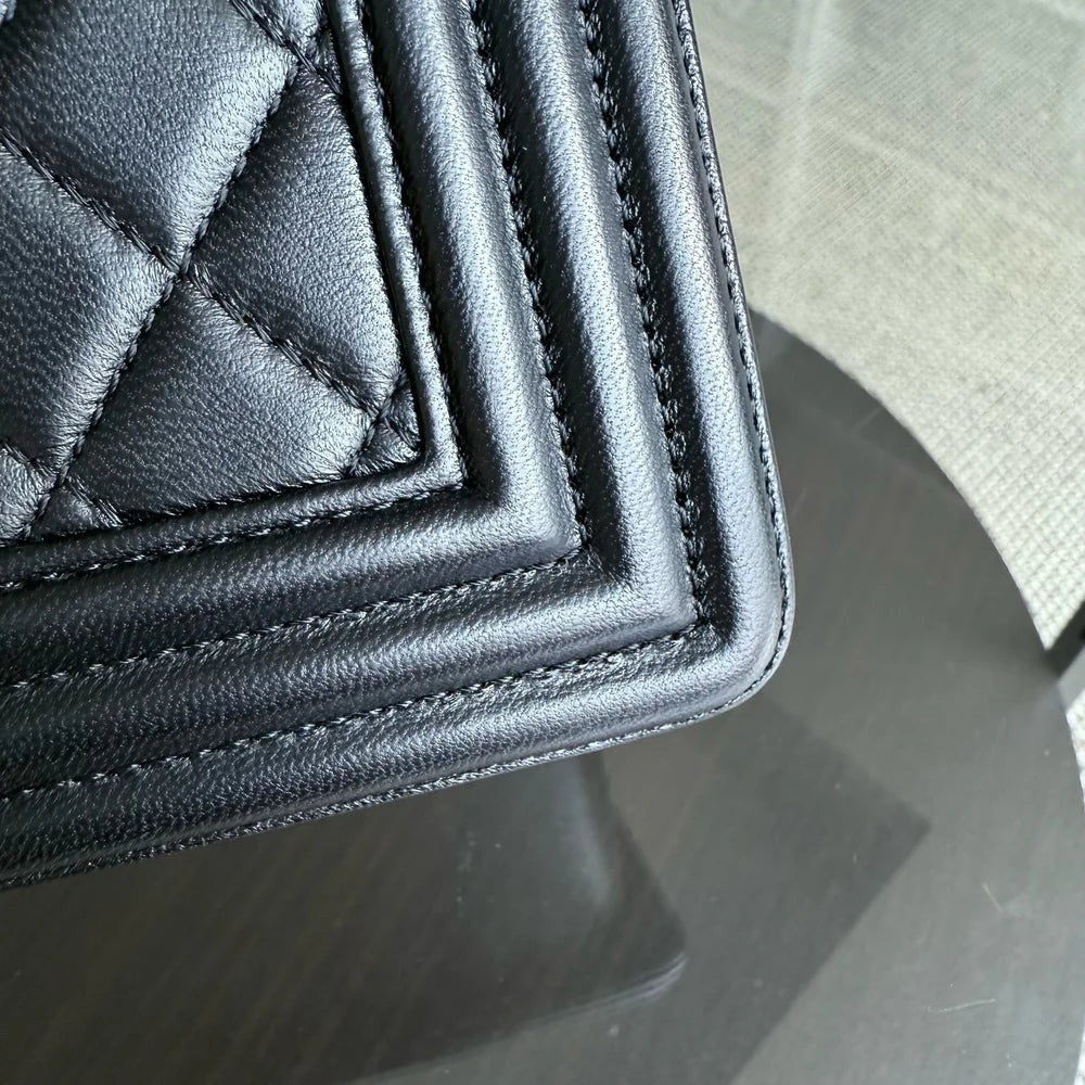 Chanel Boy New Medium - 28CM Quilted Lambskin Black Silver Hardware Series 23