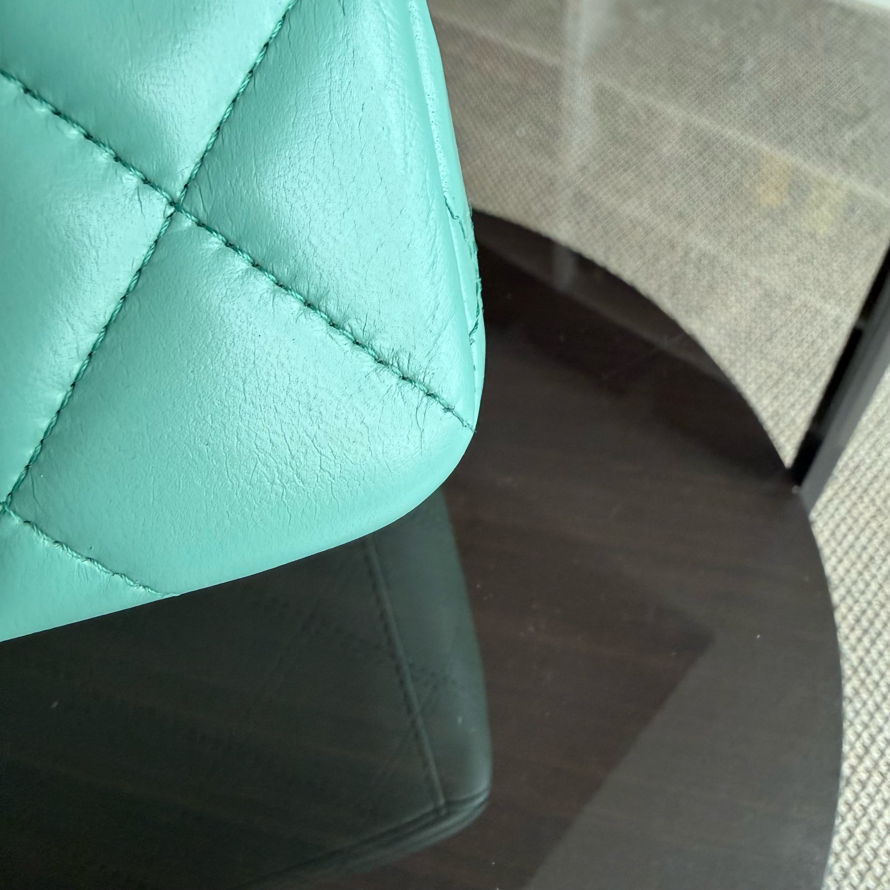 Chanel Classic Flap Maxi - 33CM Quilted Single Flap Lambskin Tiffiny Blue Silver Hardware Series 13