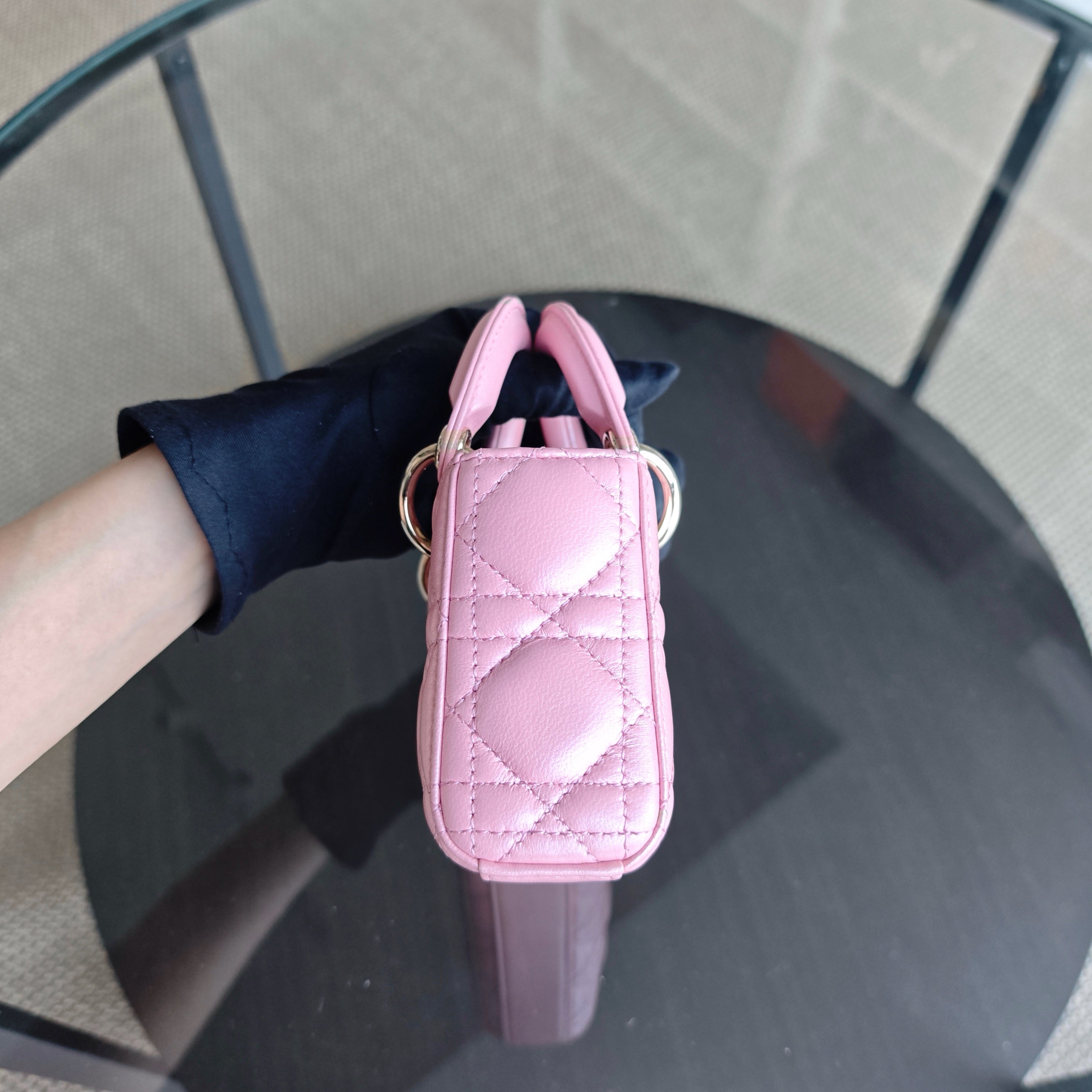 Dior D-Joy Micro - Cannage Lambskin Iridescent Pink Gold Hardware 17CM