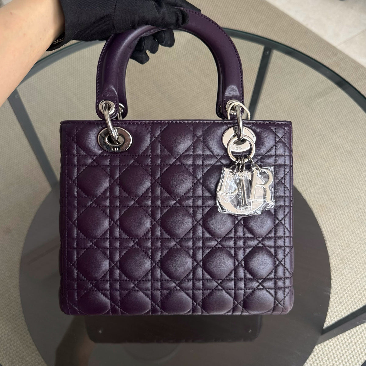 Dior Lady Medium - Cannage Lambskin Dark Maroon Silver Hardware