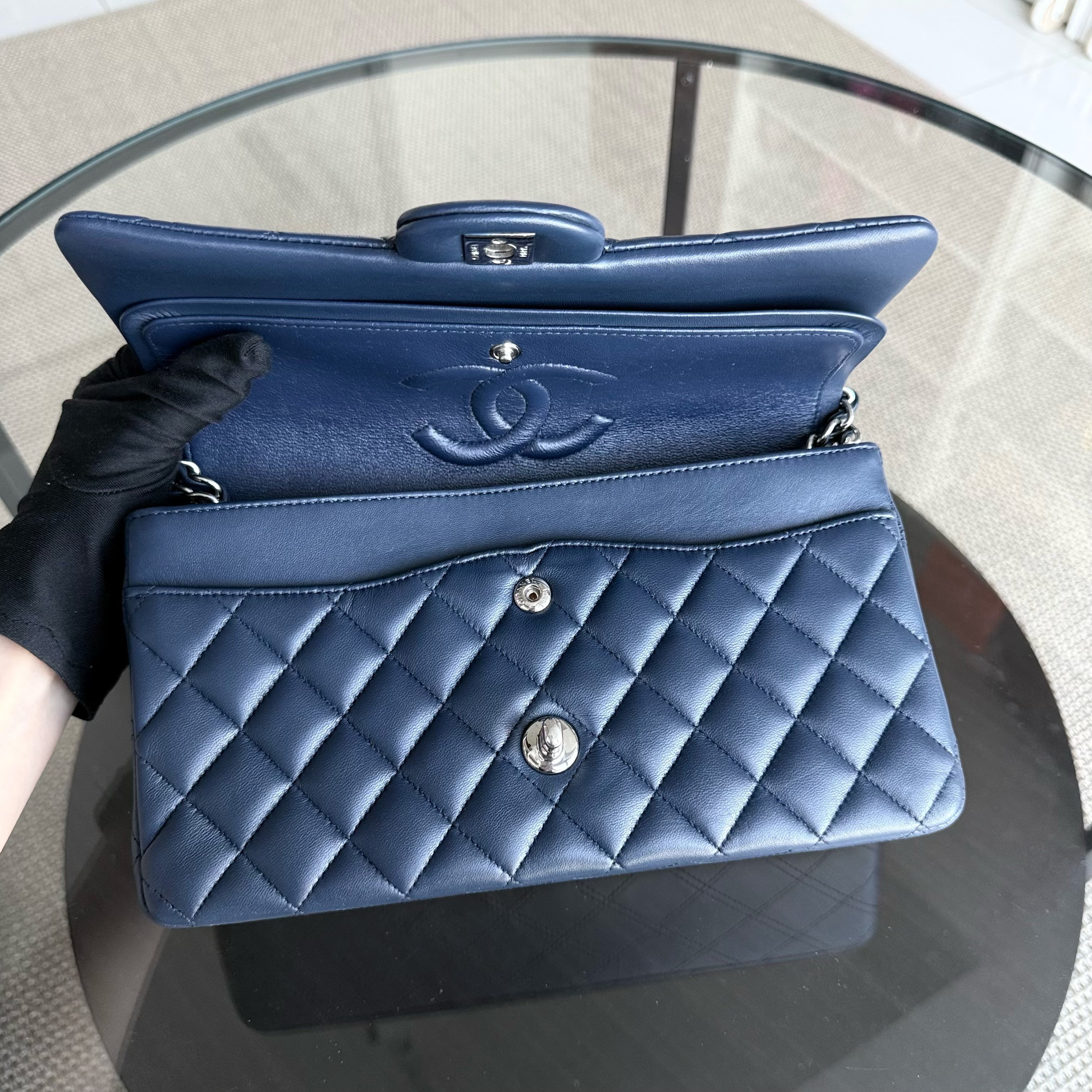 Chanel Classic Flap Medium - 25CM Quilted Lambskin Dark Blue Silver Hardware Series 22