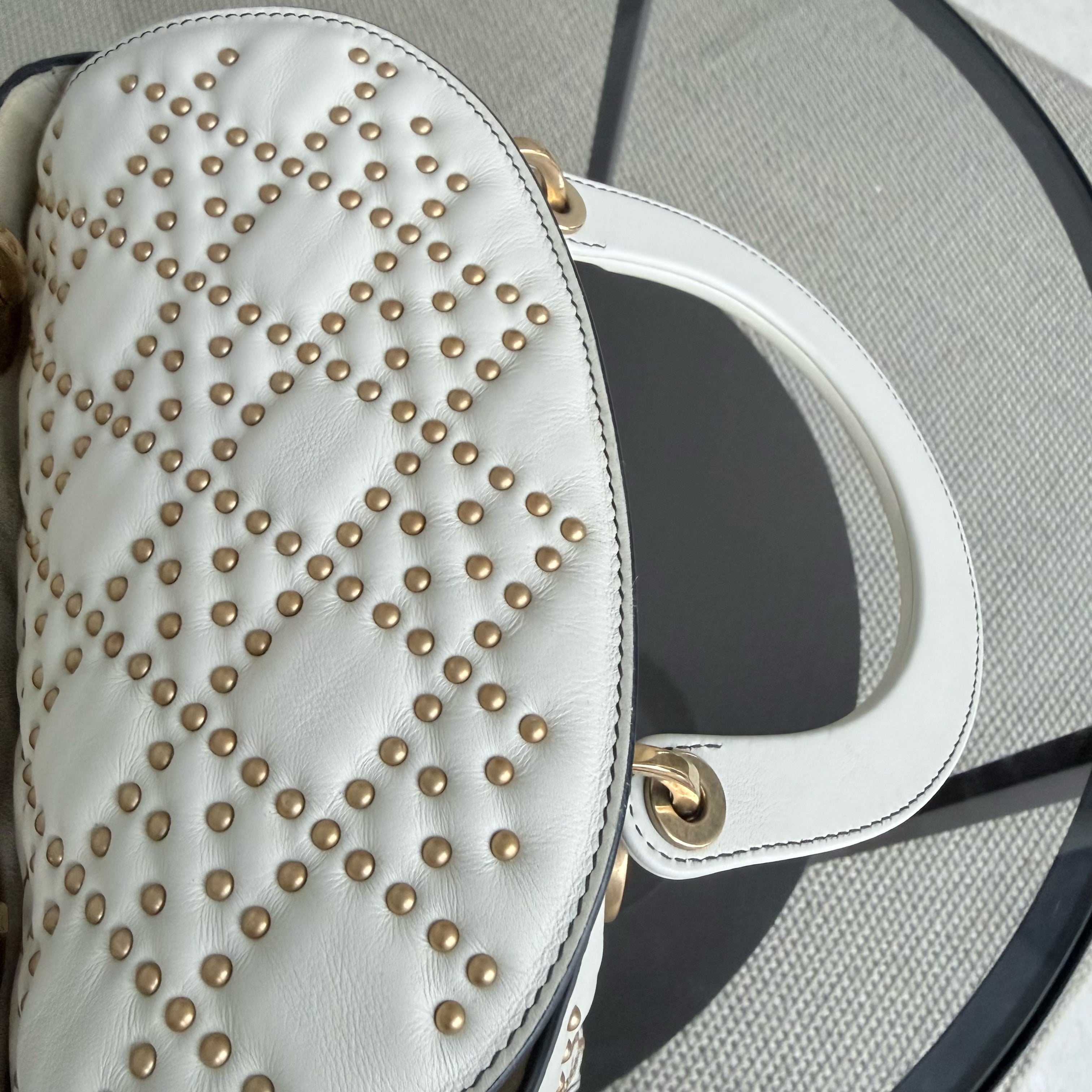 Dior Lady Medium Flap - Studded Cannage Calfskin White Gold Hardware
